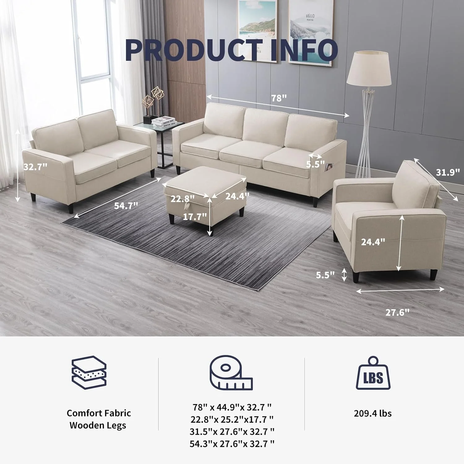 ijuicy Sectional Sofa Set,3PCS Living Room Furniture Couch Sets with Movable Storage Ottoman & Side Pockets,Include Sofa,Loveseat&Chair,Dark Gray - Image 22