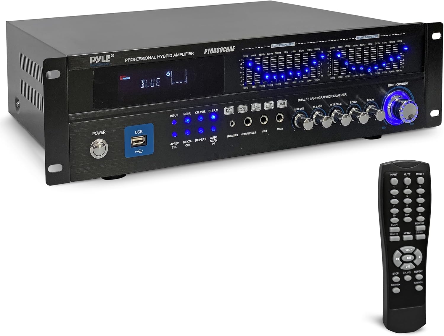 Pyle Bluetooth Hybrid Home Amplifier - 6-Channel 2000W Rack Mount Power Amplifier Receiver w/ Radio - Dual 10 Band EQ, Karaoke Microphone x2, USB, RCA, COAX, OPT, DVD Inputs, HiDef Input and Output