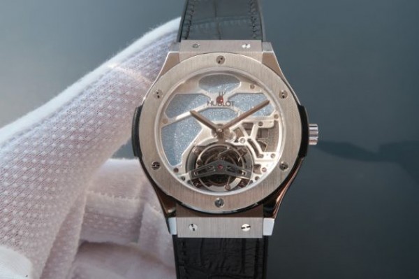 Replica Hublot Classic Fusion Tourbillon 45mm TF Purple Skeleton Dial Black Gummy Strap A23J - Top club
