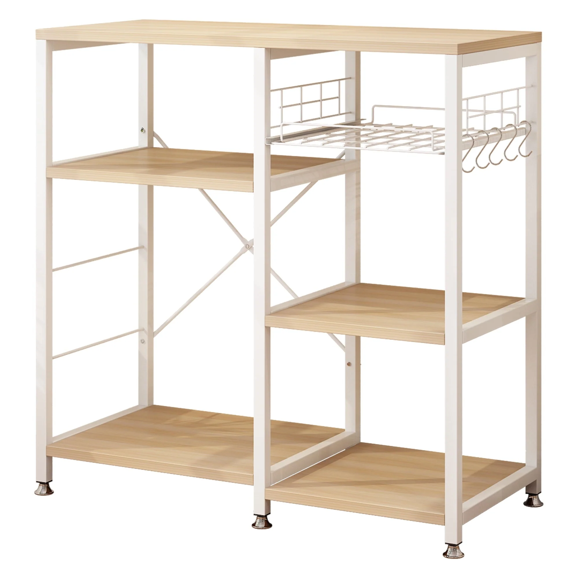 Winado 5 Tiers Vintage Kitchen Baker's Rack Microwave Oven Stand with Kitchen Storage Shelf Rack Hooks, White Oak and Metal Frame