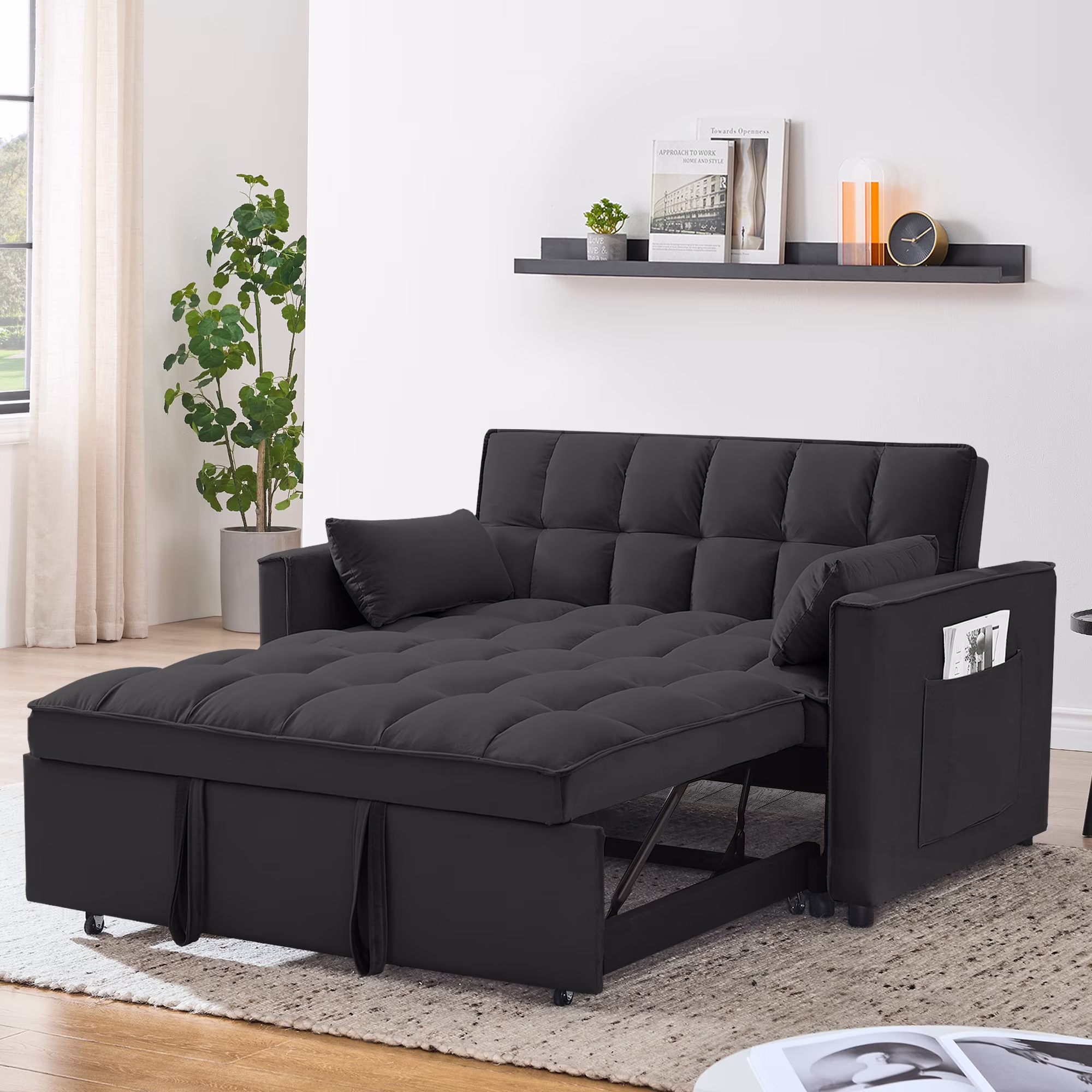 Convertible Sofa Bed,3-in-1 Sleeper Sofa with Pull Out Bed,Velvet Highly Elastic Sponge Futon Couch Loveseat with Adjustable Backrest and 2 Pillows for Living Room,Gray - Image 5