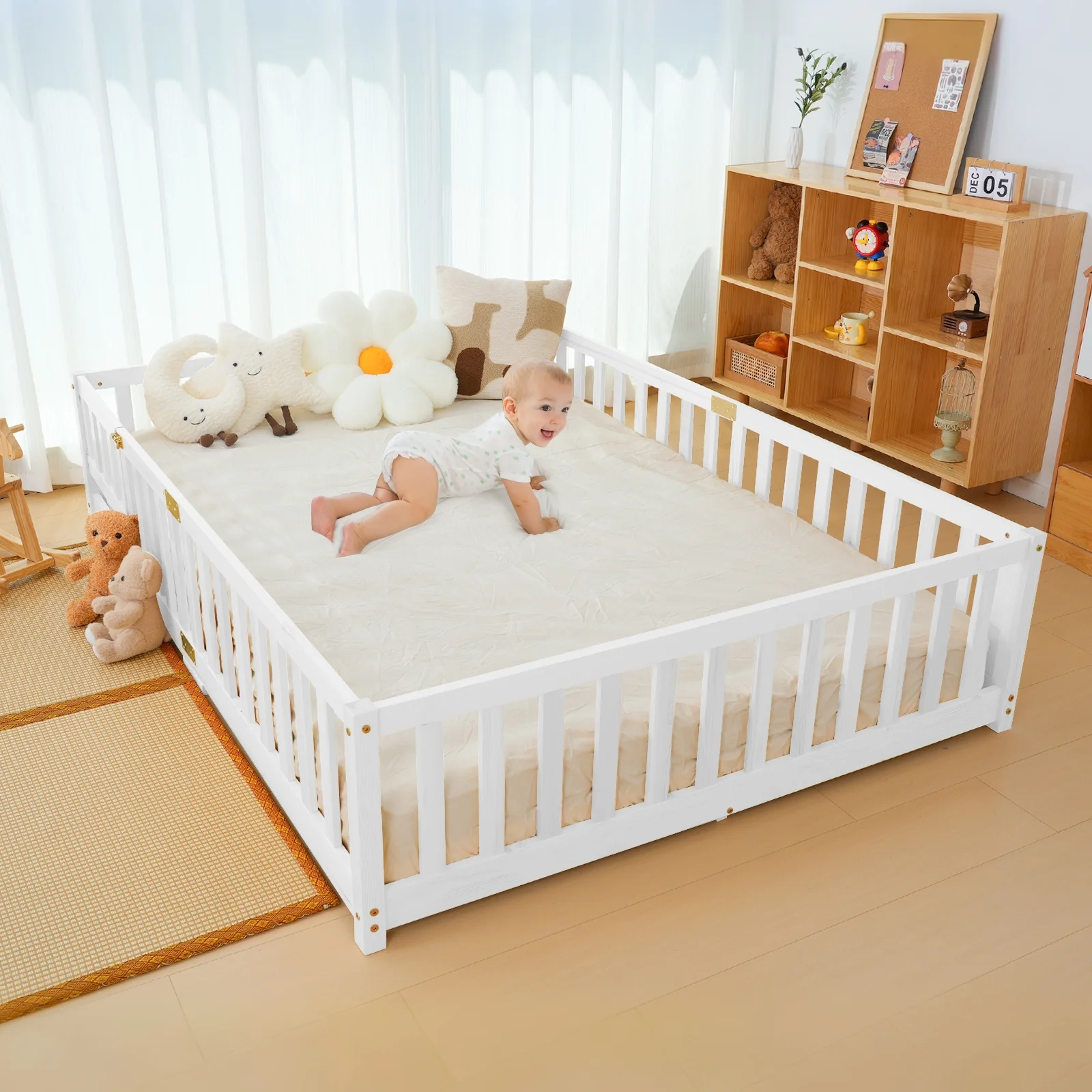 Slsy Twin Size Toddler Floor Bed, Solid Wood Montessori Bed Frame with Fence & Door Montessori Floor Bed Crib with Safety Guardrails for Girls and Boys - Image 17