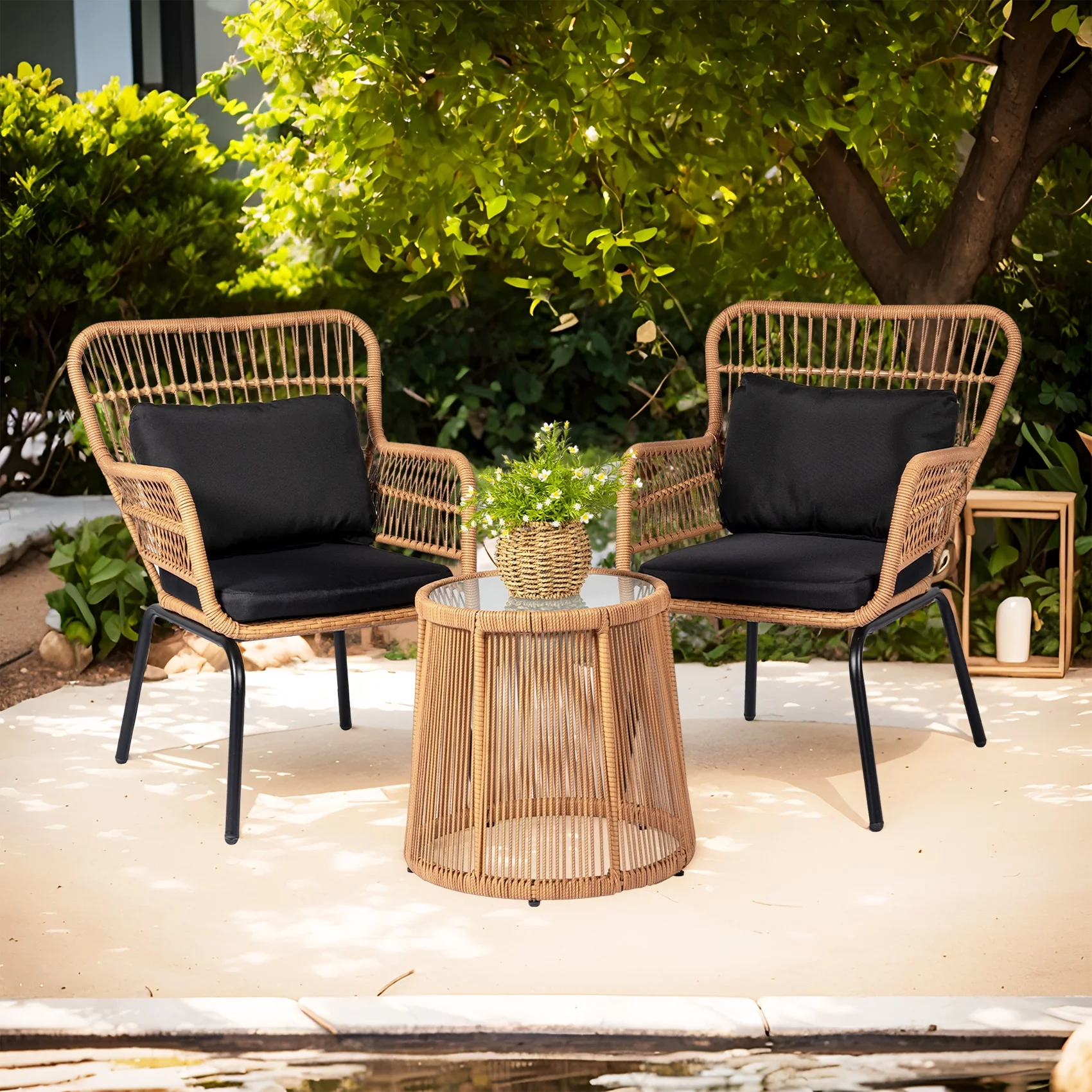 Tappio 3-Piece Patio Conversation Bistro Set Rattan Furniture, Outdoor Patio Set w/Glass Top Table & Cushions for Garden Balcony Backyard Poolside, Yellow/Beige - Image 32