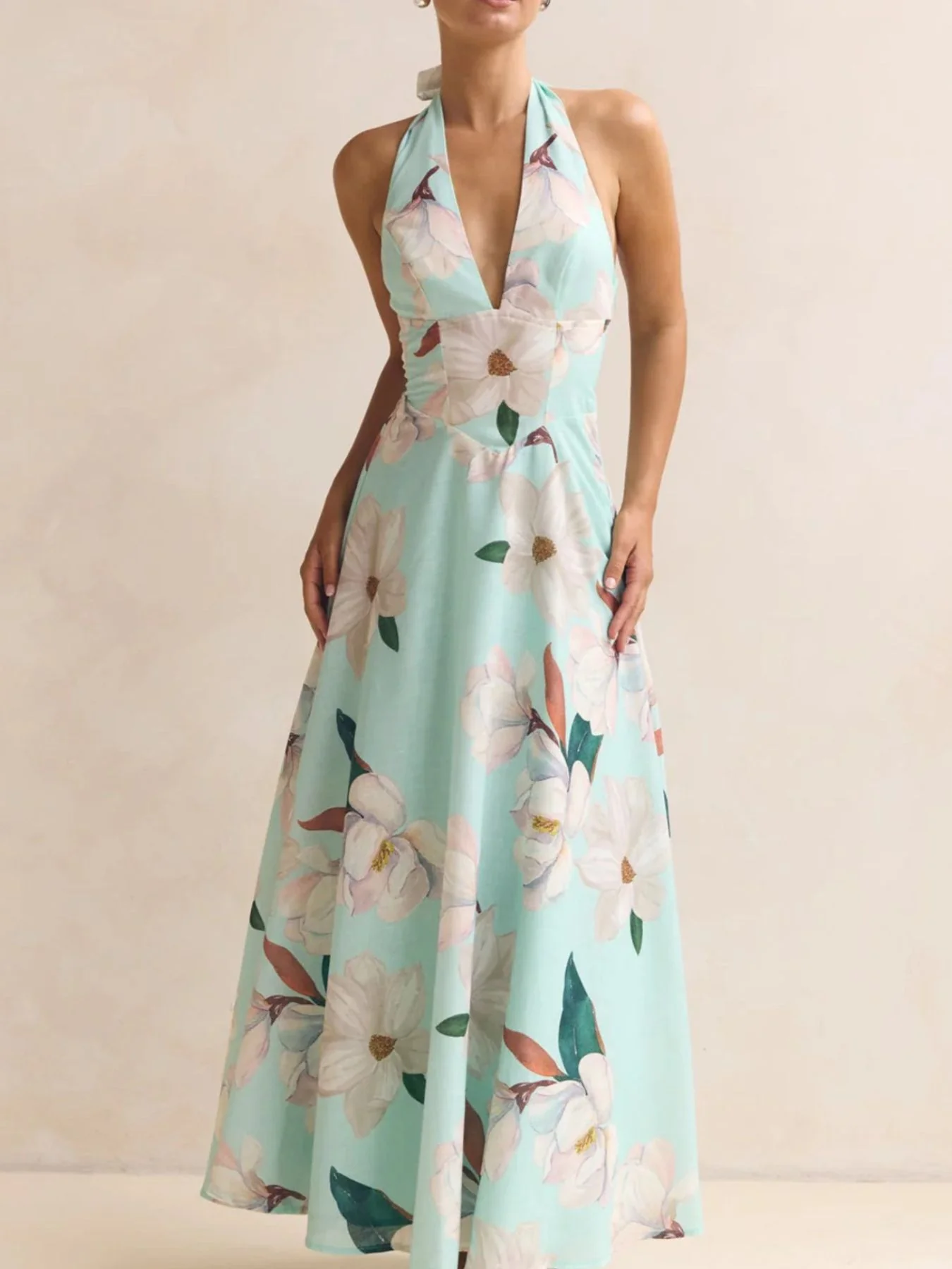 Floral Print Halter Neck Maxi Dress - ZKZOOK
