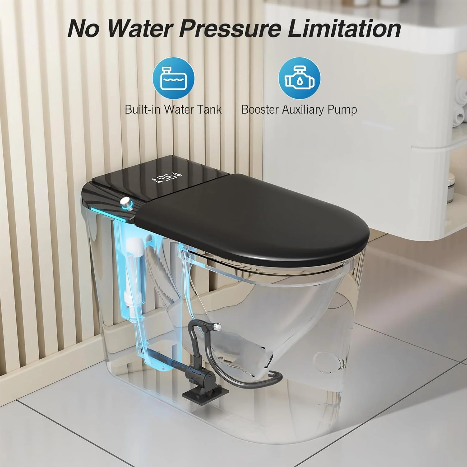 LALAHOO Smart Toilet with Bidet Built in, Auto Open & Close, Elongated Heated seat, Foot Sensor Flush, LED Display, Warm Water Wash, Dryer, Night Light, Black - Image 21