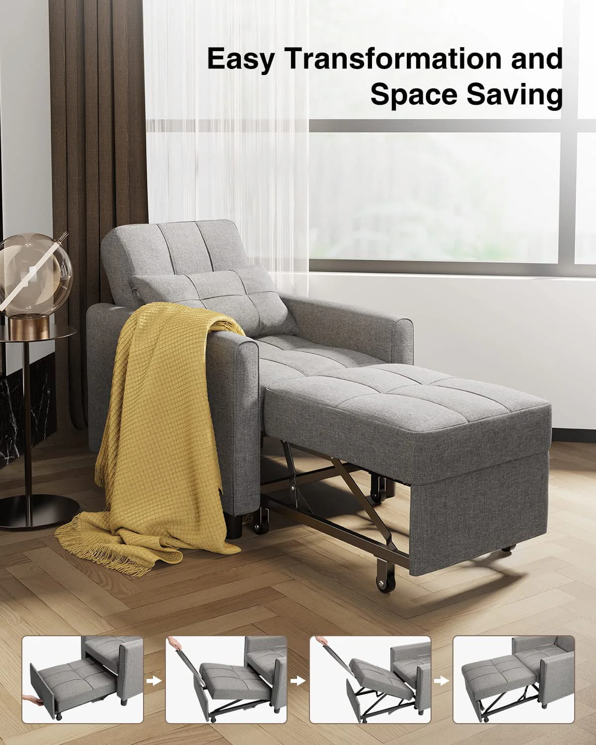 Lofka Chair Bed, Convertible Sofa Bed Couch Recliner Single Bed for Living Room/Office/Bedroom, Light Gray - Image 14