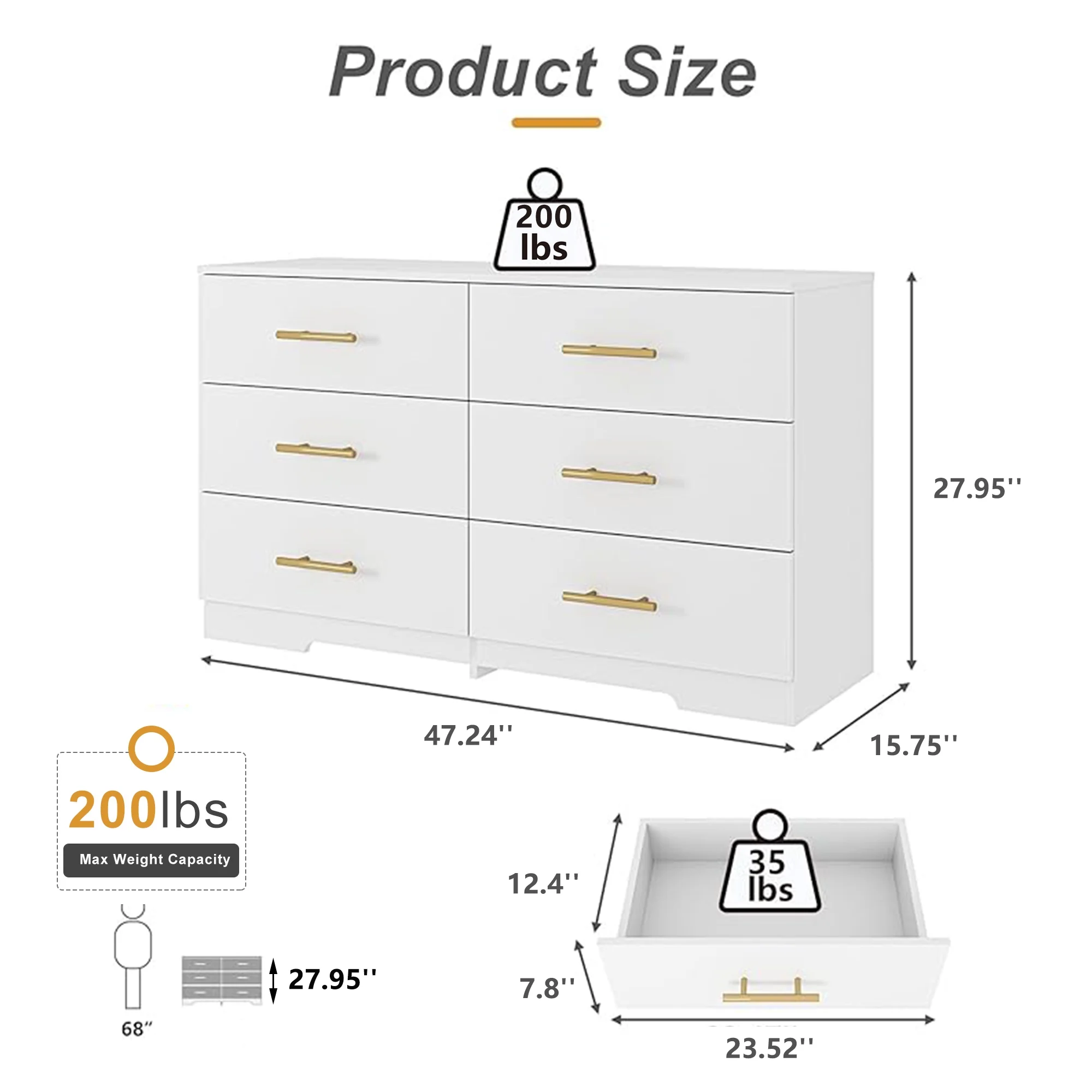 Kadyn White Chest of Drawer, 6 Double Drawer Dresser for Bedroom, Modern Storage Cabinet for Living Room, Dresser - Image 15