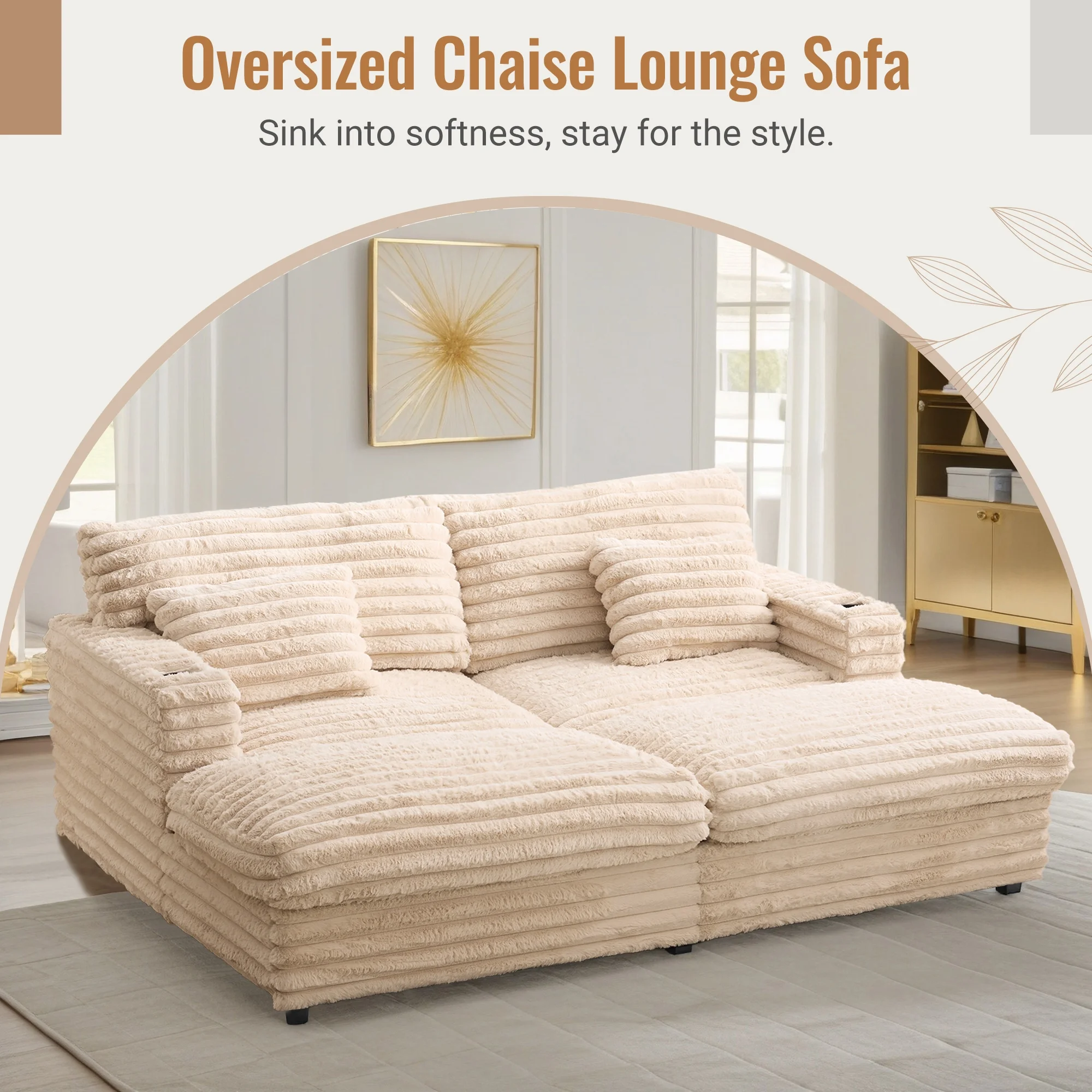Oversized Double Chaise Lounge, Faux Fur Upholstered Deep Seat Sofa with 2 Pillows, 2 Cupholders, and Dual USB Ports - Image 33