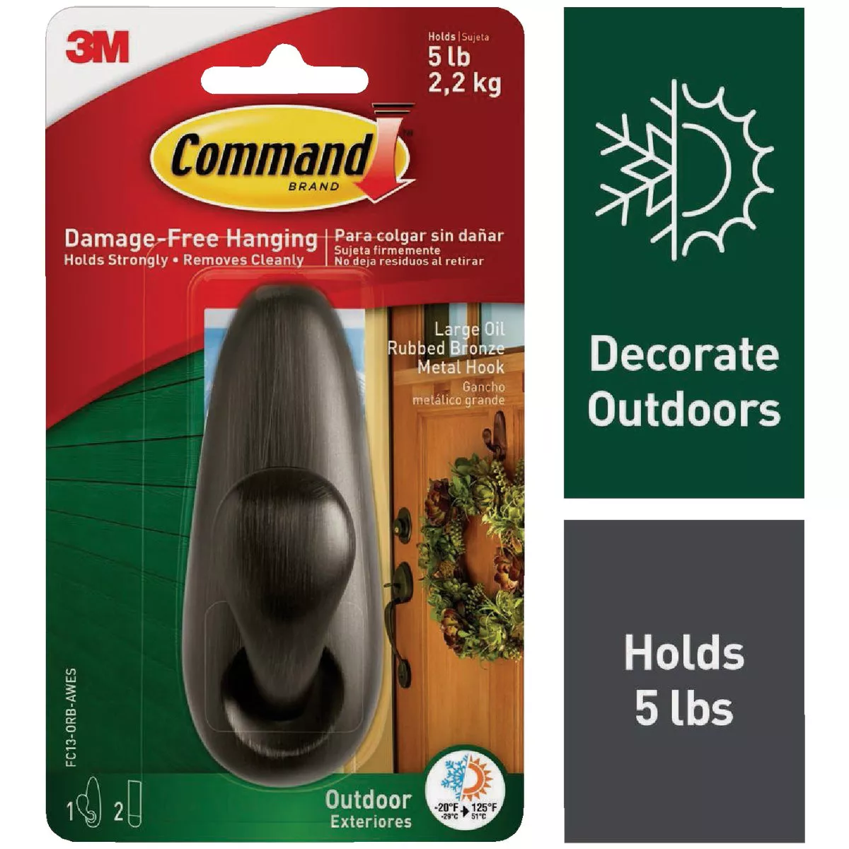 Command Outdoor Forever Classic Large Metal Hook with Foam Strips, Oil Rubbed Bronze, 1 Hook, 2 Strips