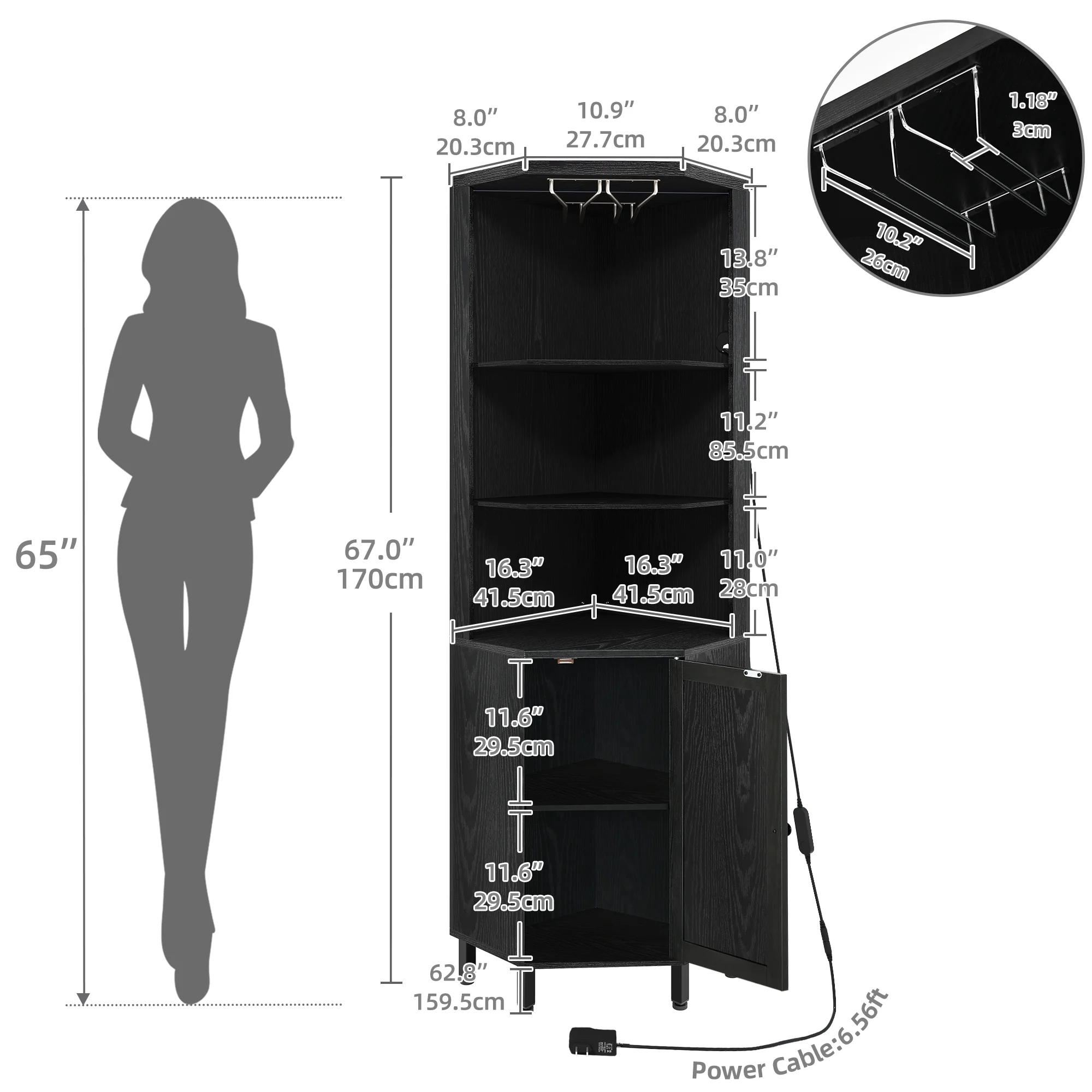 Dextrus 67" Corner Bar Cabinet with LED Lights, Wine Glass Holder & Storage Shelves, Black - Image 4