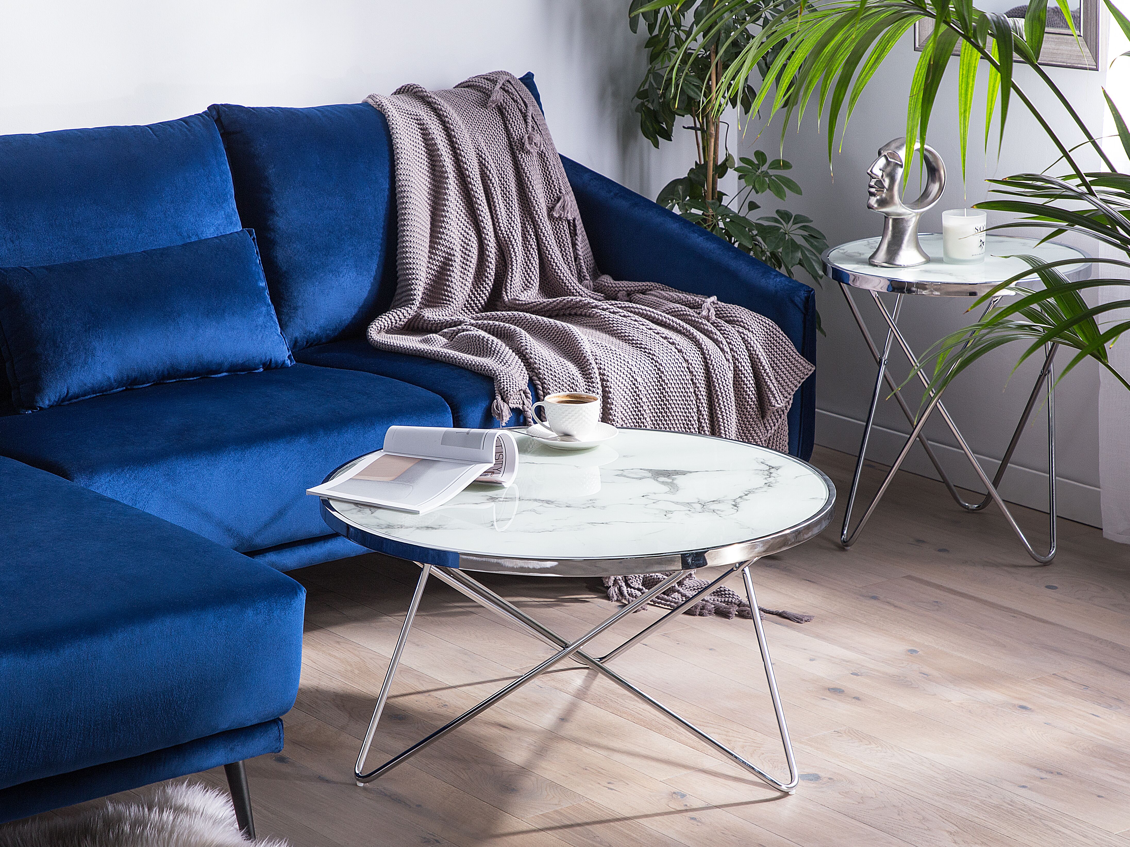 Coffee Table MERIDIAN Tempered Glass Marble/ Silver