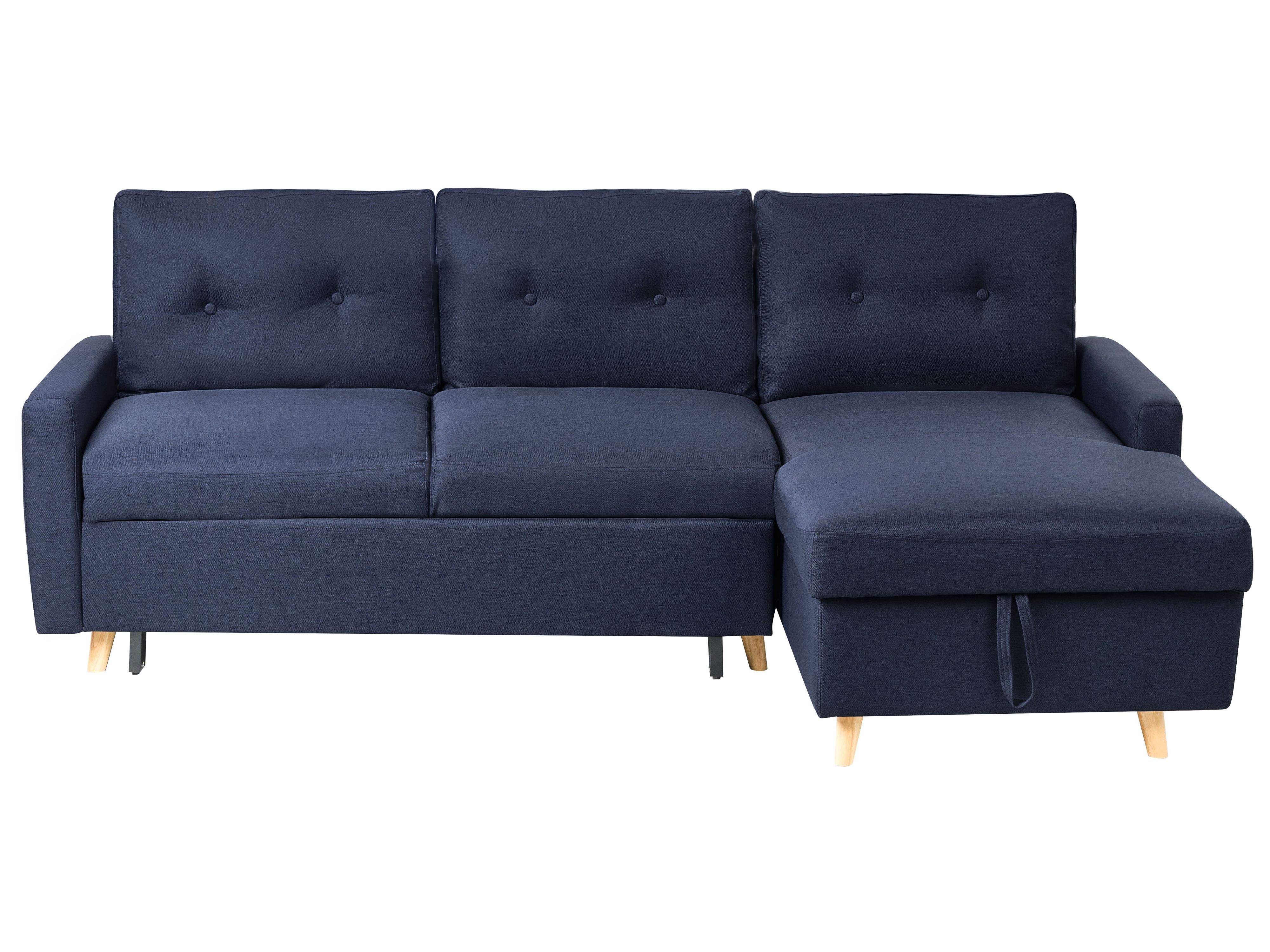 Corner Sofa Bed 4 Seater FLAKK Fabric Navy Blue with Storage Left Hand