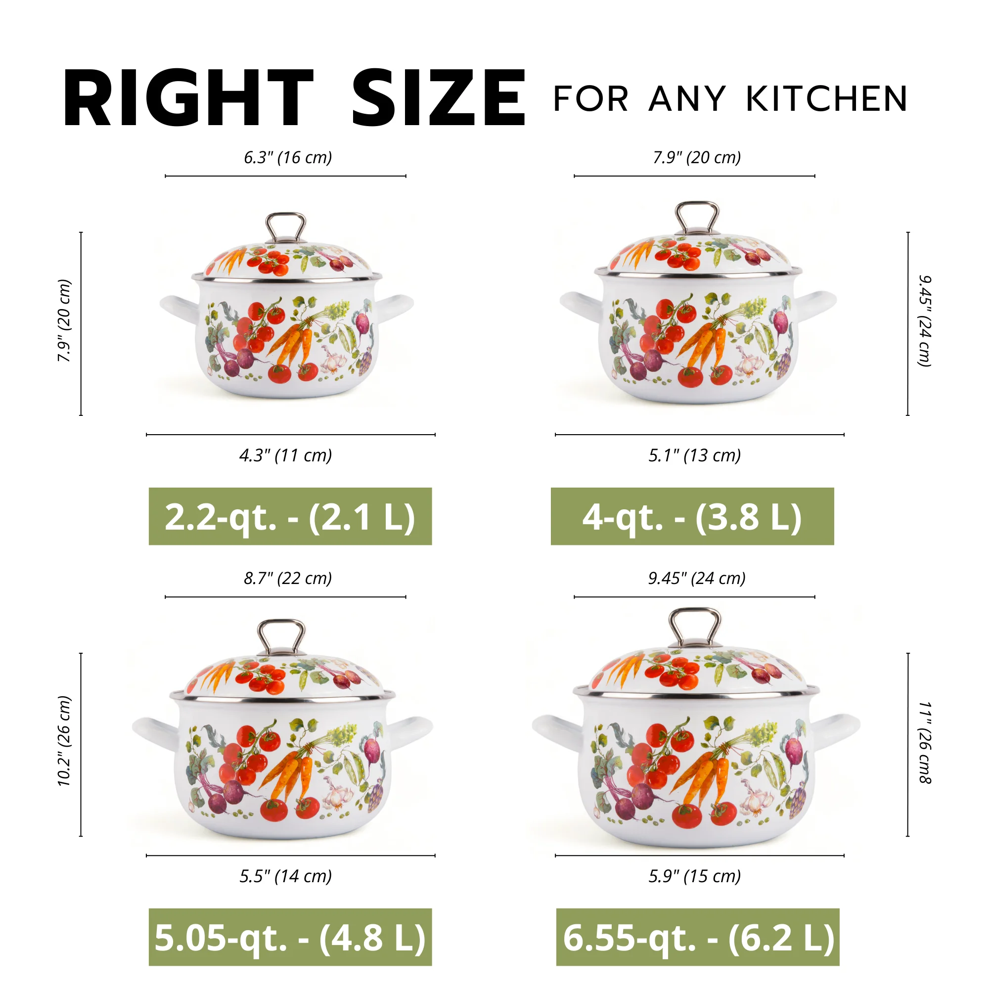STPgoods Enameled Aluminum Belly Deep Stock Pot with Lid Set of 2 Vegetable Garden Cooking Pot Set 2.2 Qt 4 Qt 5.05 Qt and 6.55 Qt Enamel Soup Pots - Image 6