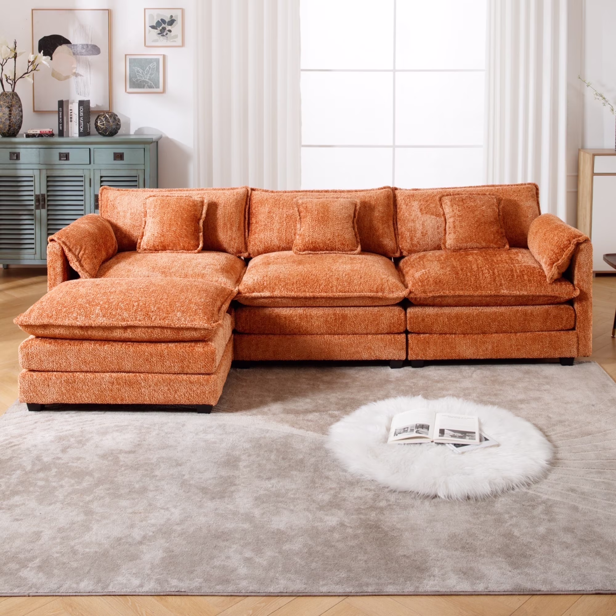 GNIXUU 112" Oversized Sectional Sofa Cloud Couch for Living Room, Modern Chenille L Shaped Couch, Comfy Boucle Modular Sofa Sleeper with Moveable Ottoman & Memory Foam (Green) - Image 16