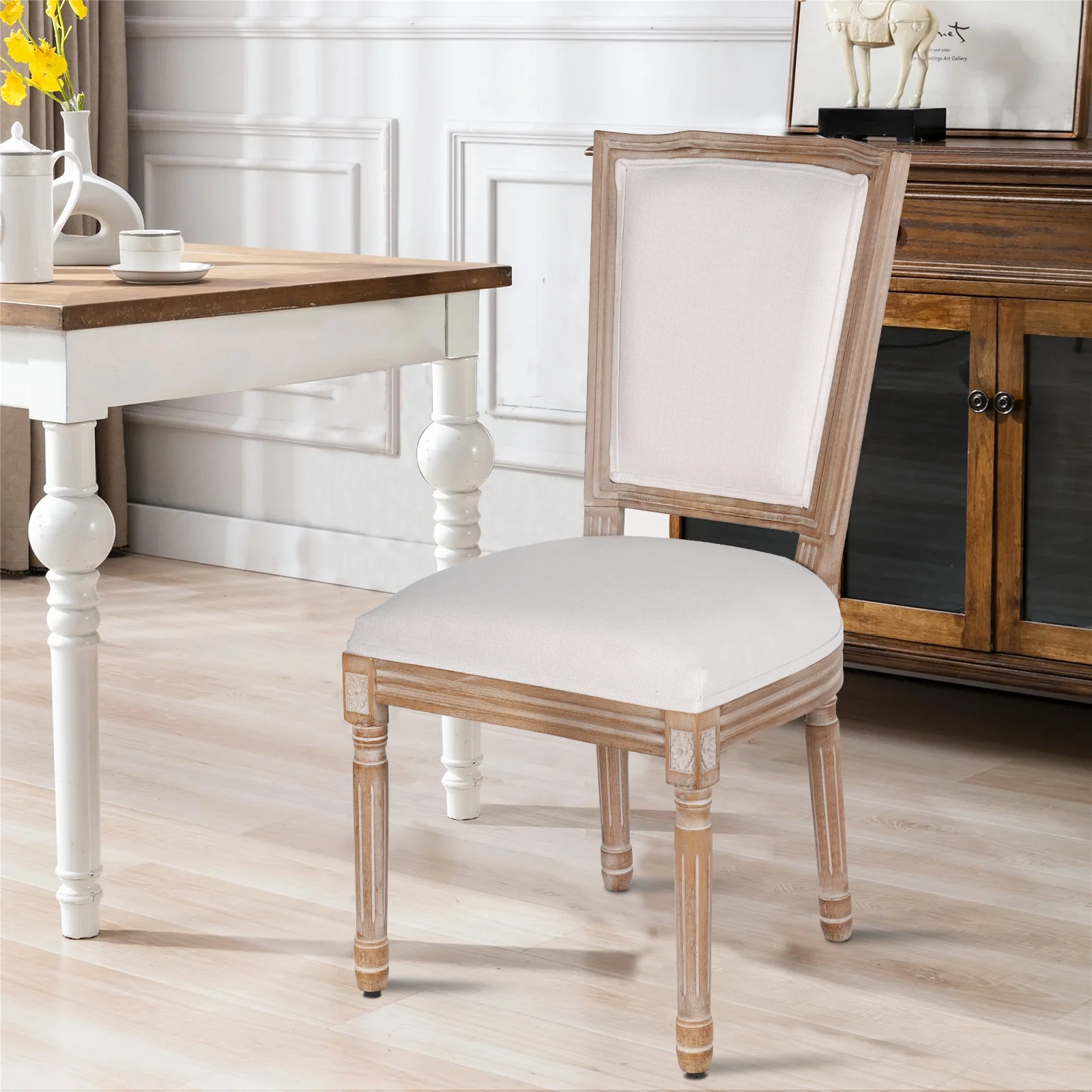 French Dining Chairs Set of 2 Beige Natural Fabric Round Back with Solid Wood Legs and Frame for Bedroom Dining Room Kitchen - Image 13