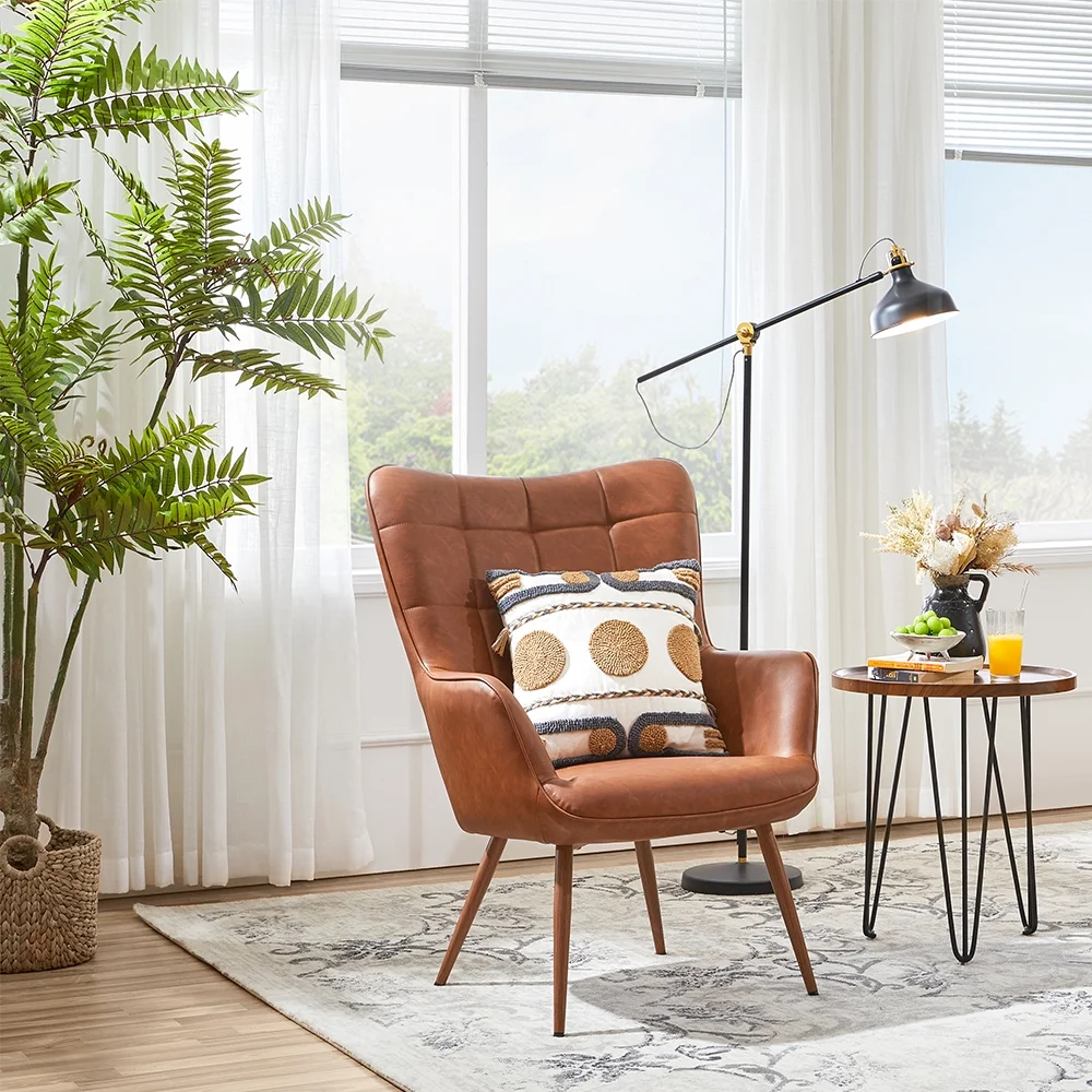 Alden Design Mid-Century Modern Faux Leather Wingback Accent Chair, Brown - Image 2