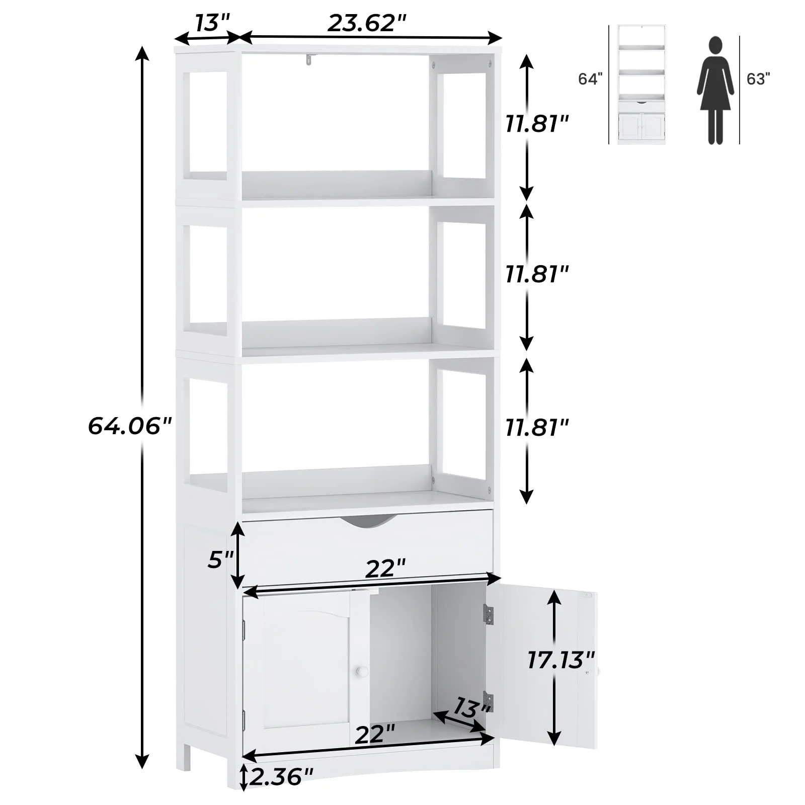 Kitchen Sideboard Pantry Cabinet Tall Freestanding Storage Cabinets with Shelves and Drawer for Bathroom Home Office, White