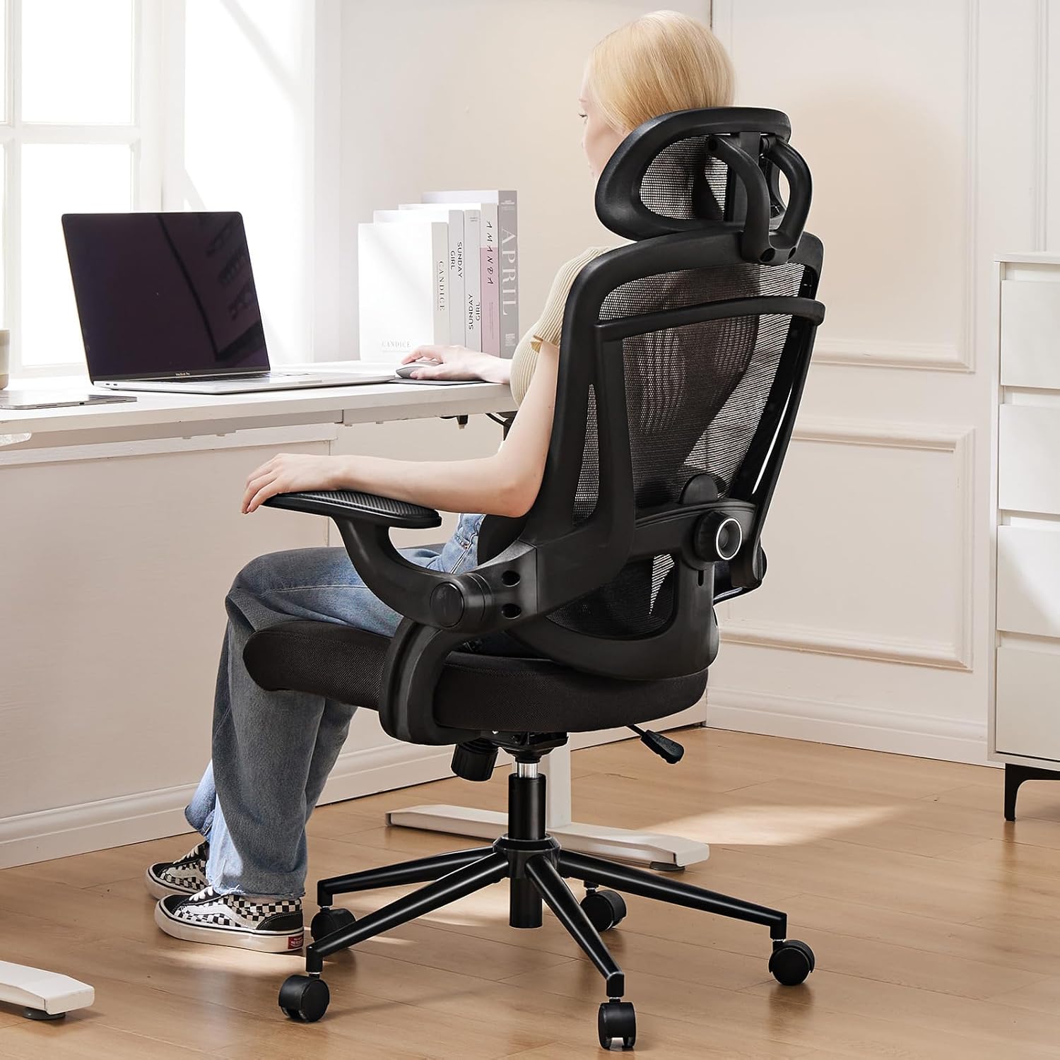 Sweetcrispy Office Chair Ergonomic Desk Chair, 300 LBS Home Mesh Office Desk Chairs with Wheels, 2D Headrest, Up&Down Lumbar Support, Swivel High Back Computer Chair with Flip-up Armrests,Dark Black