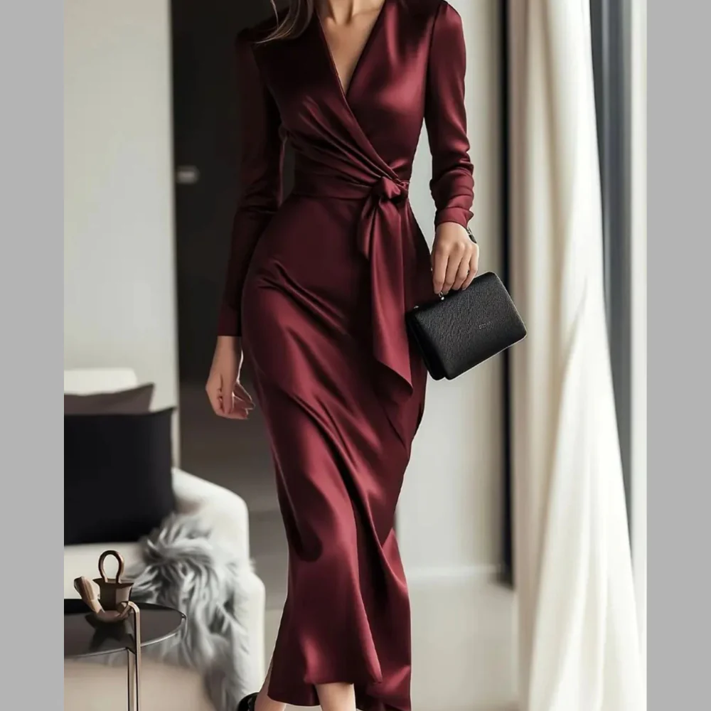 Satin Tie Waist Long Sleeve Dress - ZKZOOK