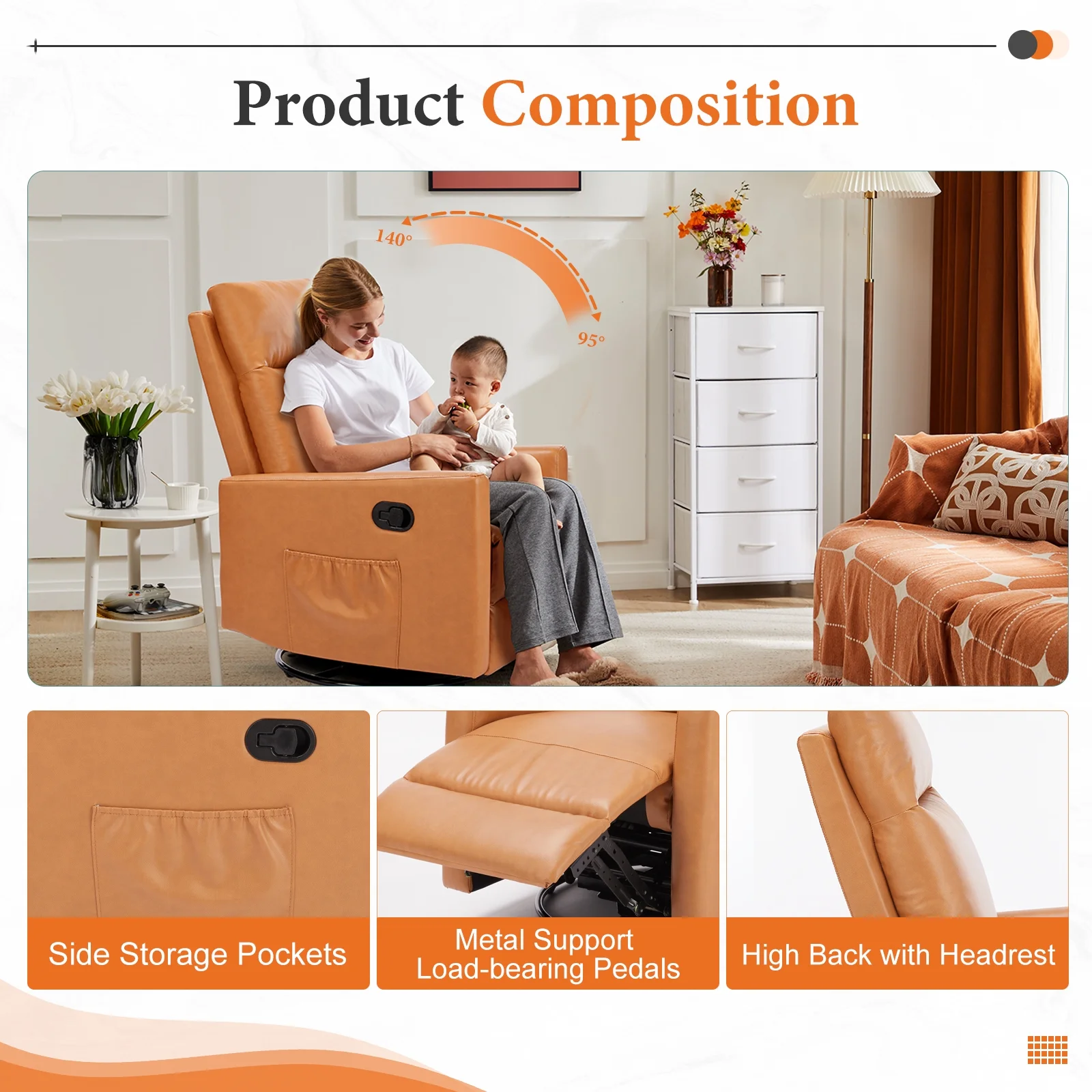 Recliner Message Chair with Footrest, Swivel Rocking Glider, High Back Upholstered Deep Seat for Living Room, Grey - Image 17