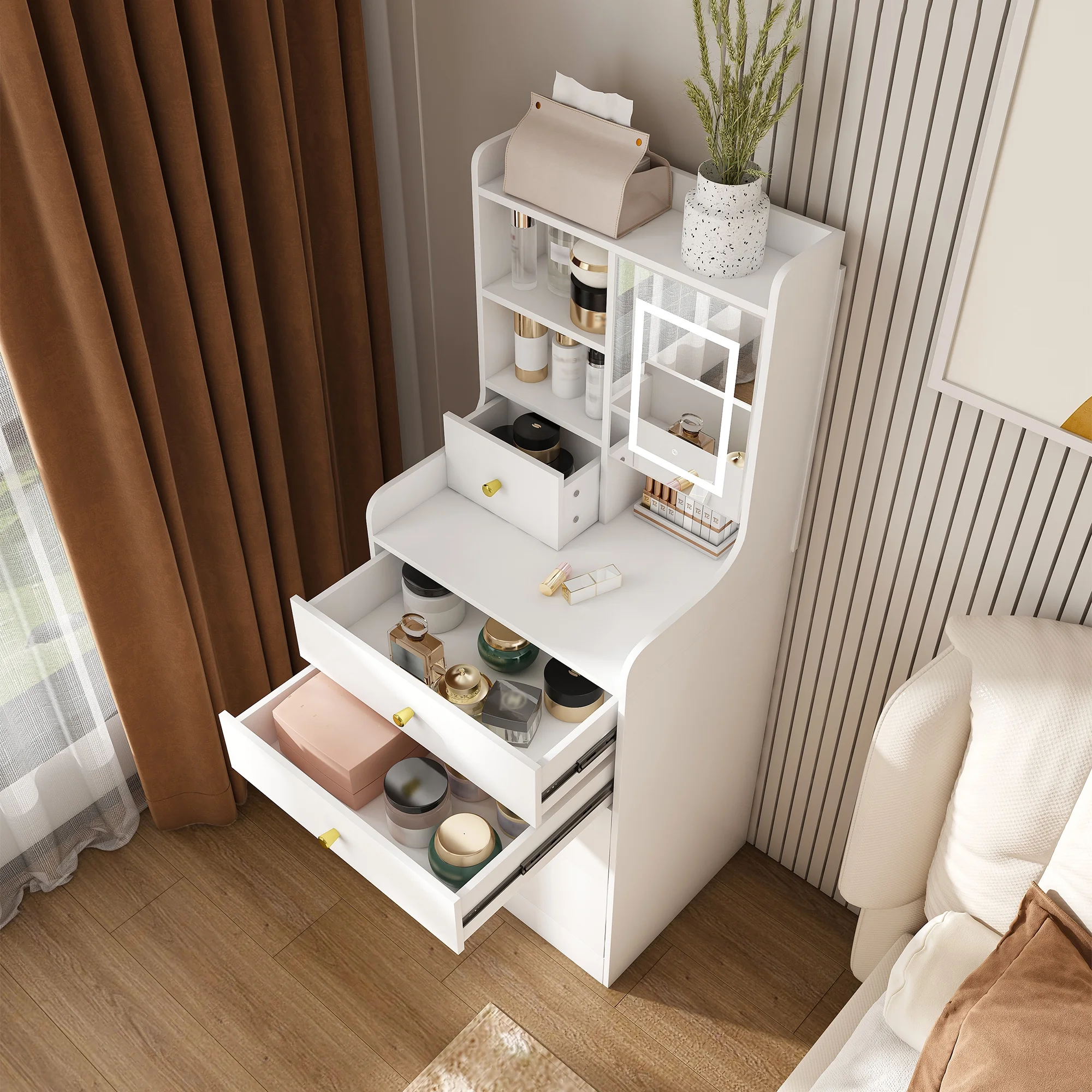 Montary Modern Mini Vanity w/Adjustable LED Mirror + Hidden Storage, Padded Stool & Dustproof Shelves (White) - Image 44
