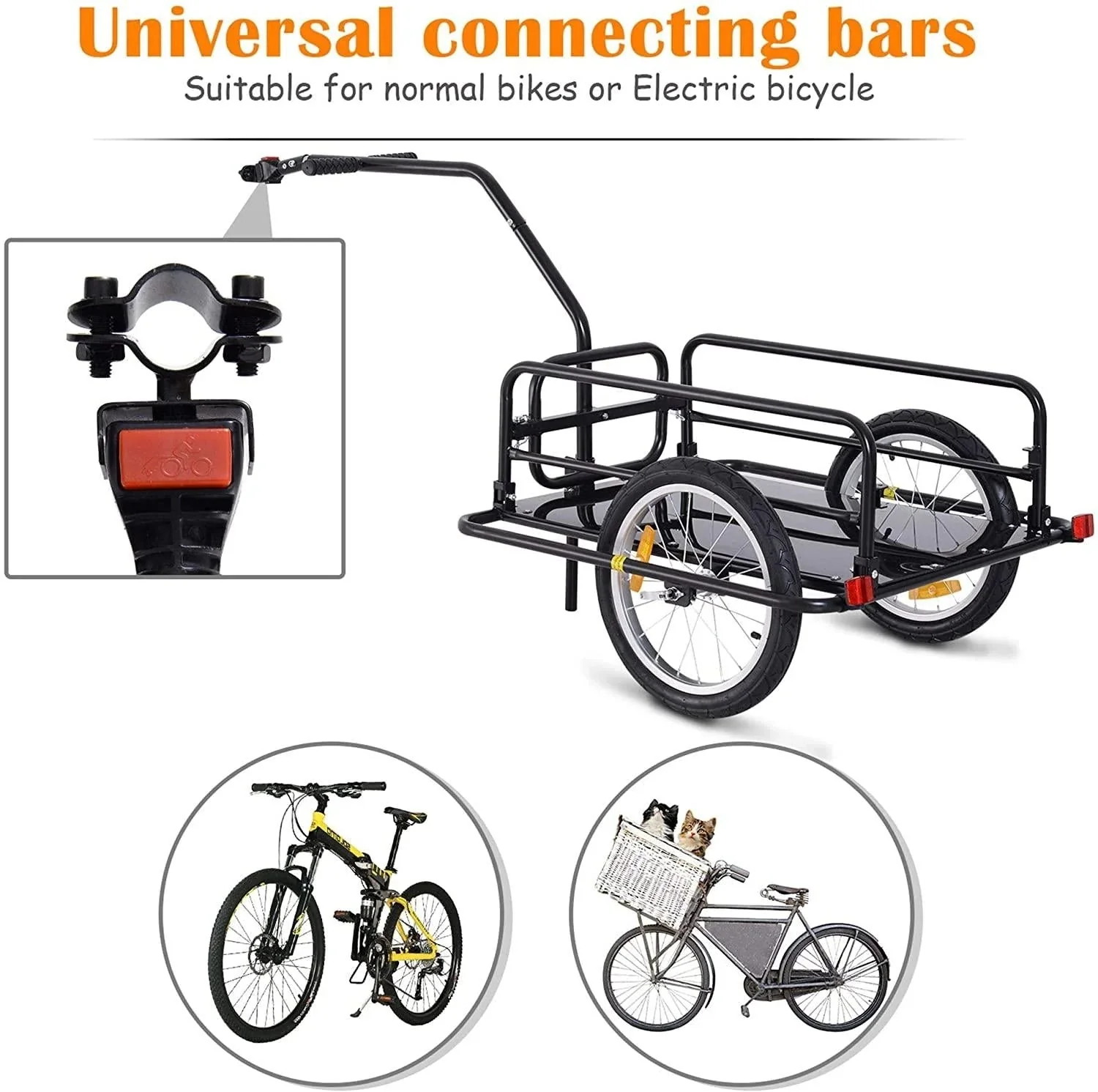 Foldable Bike Cargo Trailer, 80lbs Capacity, 16′′ Wheels, Black, with Hitch