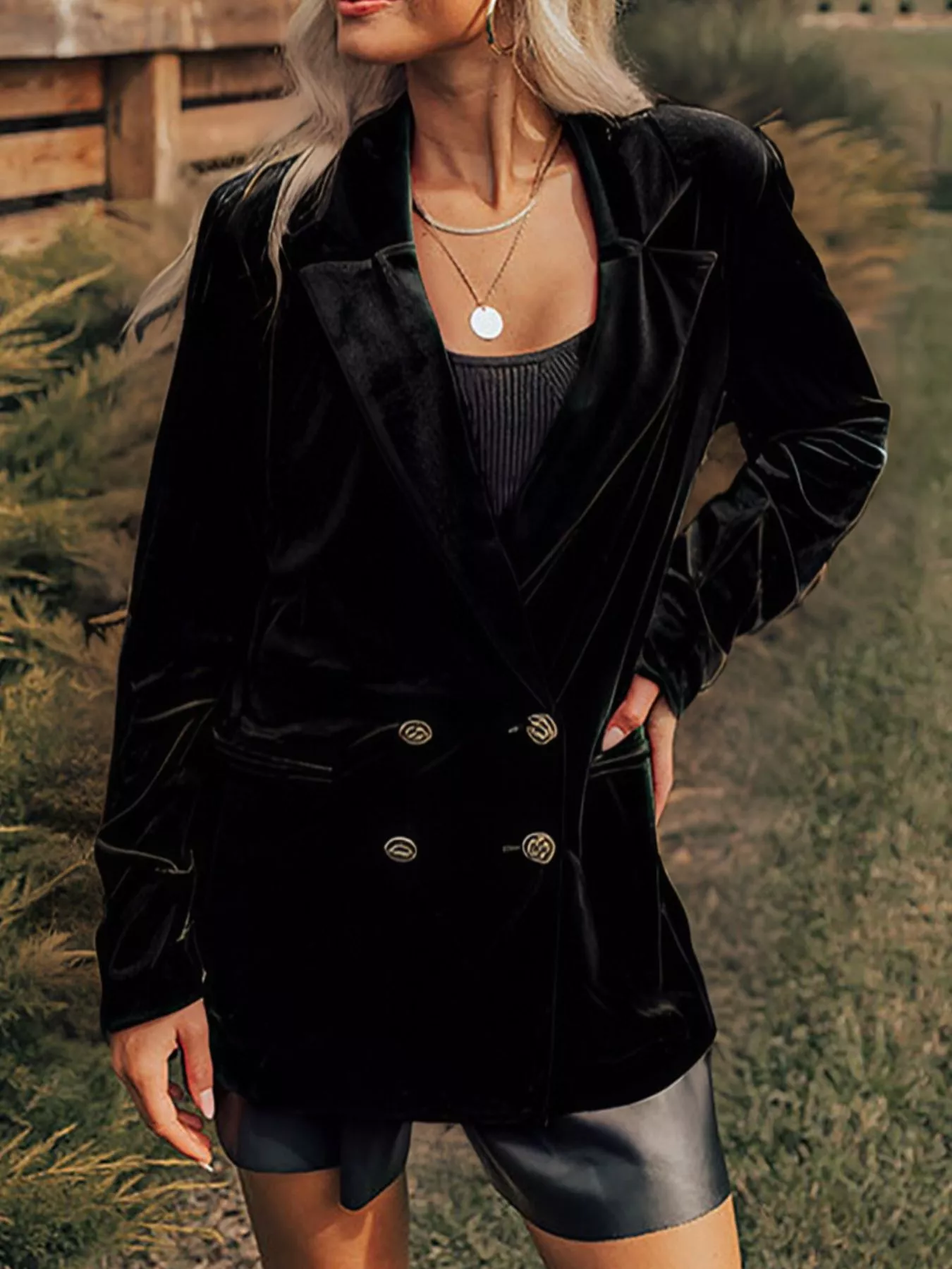 Velvet Lapel Button Front Blazer - ZKZOOK