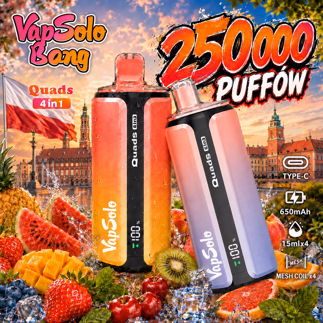 VAPSOLO BANG KING 250 000 puffów Quads 4in1 – 15 ml × 4, Mesh Coil × 4, 650 mAh, Type-C, ekran 100%