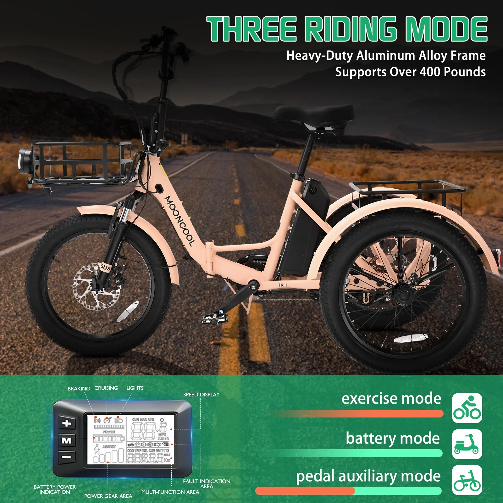 MOONCOOL TK1 Folding Electric Tricycle for Adults,48V 14.5Ah Removable battery, 500W(Peak 1000w)Motor, 20" Fat Tire Step-Thru 3Wheel Electric Bicycle w/Front&Rear Baskets, Certified to UL 2849 by SGS - Image 31
