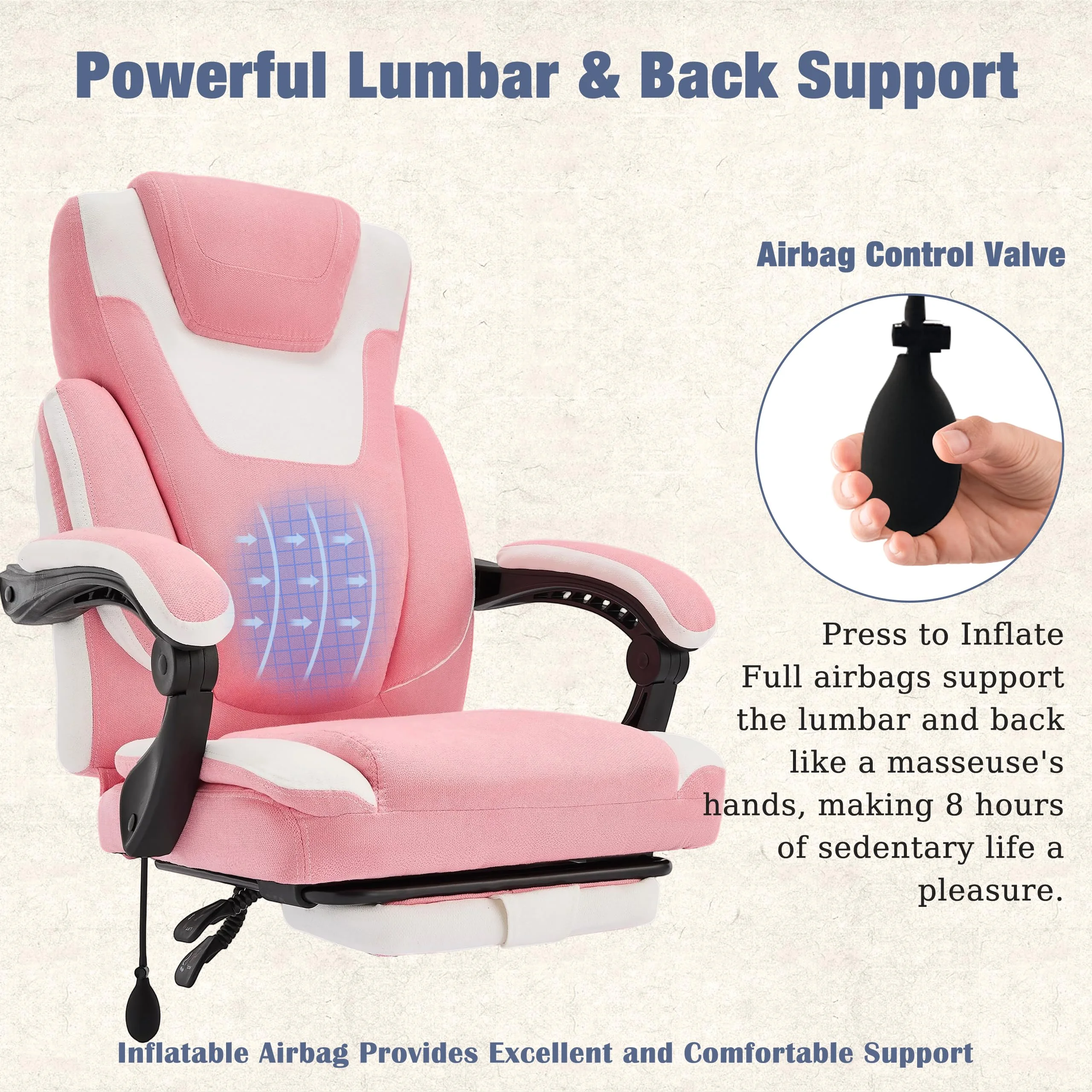 JONPONY Big and Tall Office Chair 400lbs, Executive Reclining Office Chairs with Footrest, High Back Home Office Chair Thick Padded Armrests, Ergonomic Adjustable Lumbar Support, PinkWhite - Image 8
