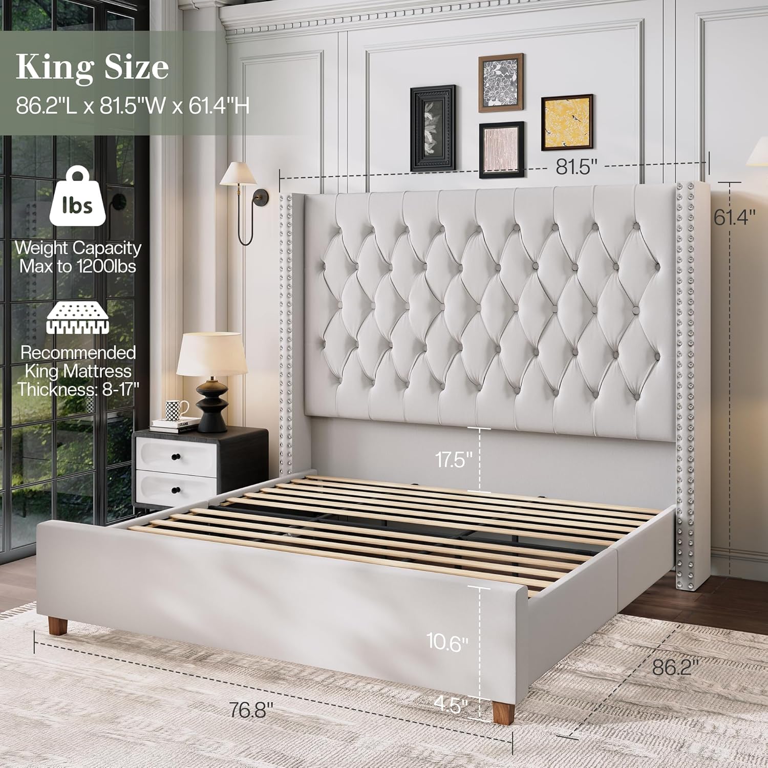 Jocisland King Size Bed Frame with 61.4