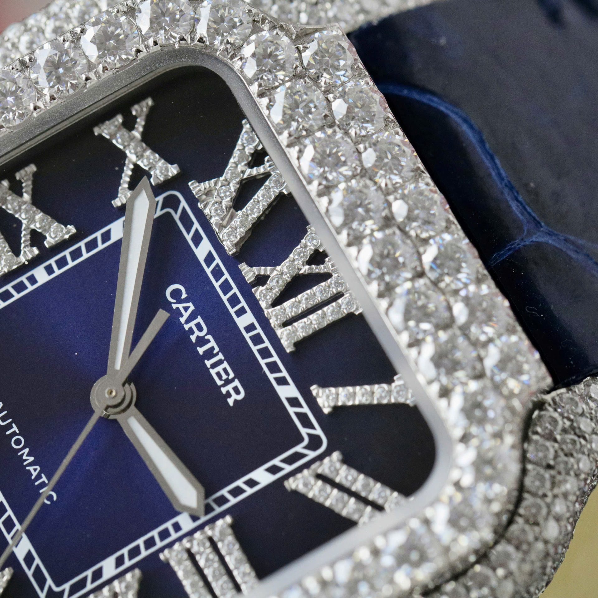 Cartier Santos Copies Watch Dial Blue Custom Diamonds Moissanite Hong Kong 39.8mm - Top club