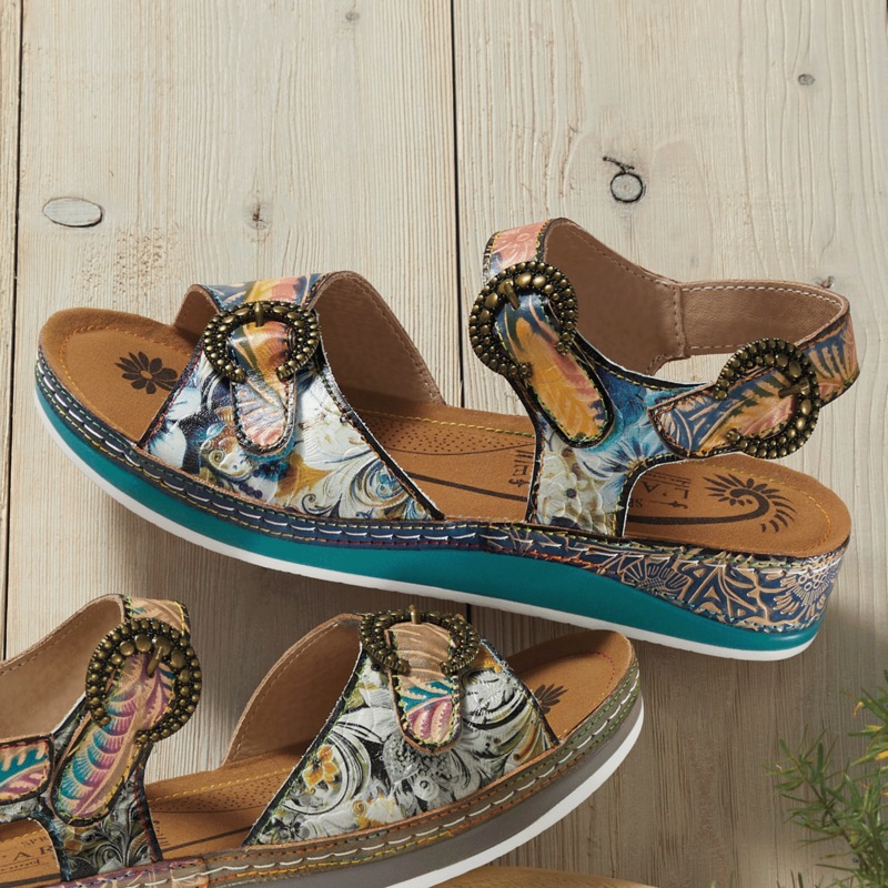 L'Artiste Offtrak Hand-Painted Leather Sandal with Low Heel and Adjustable Fit - MIDNIGHT VELVET CATALOG