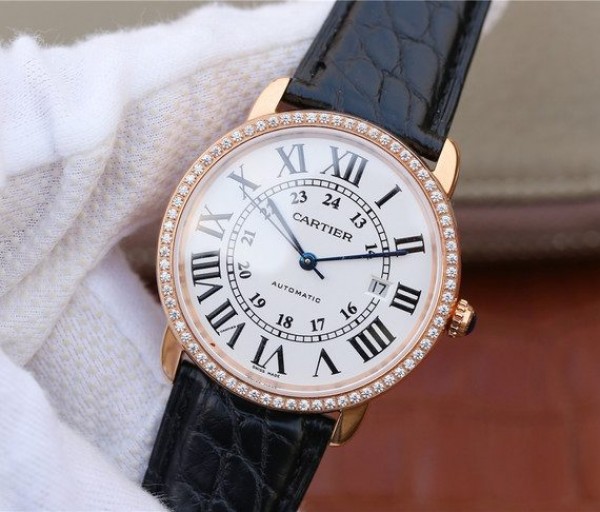Replica Cartier Ronde De Cartier RG White Dial Diamonds Bezel Croco Strap A2892 - Elite Watch Atelier