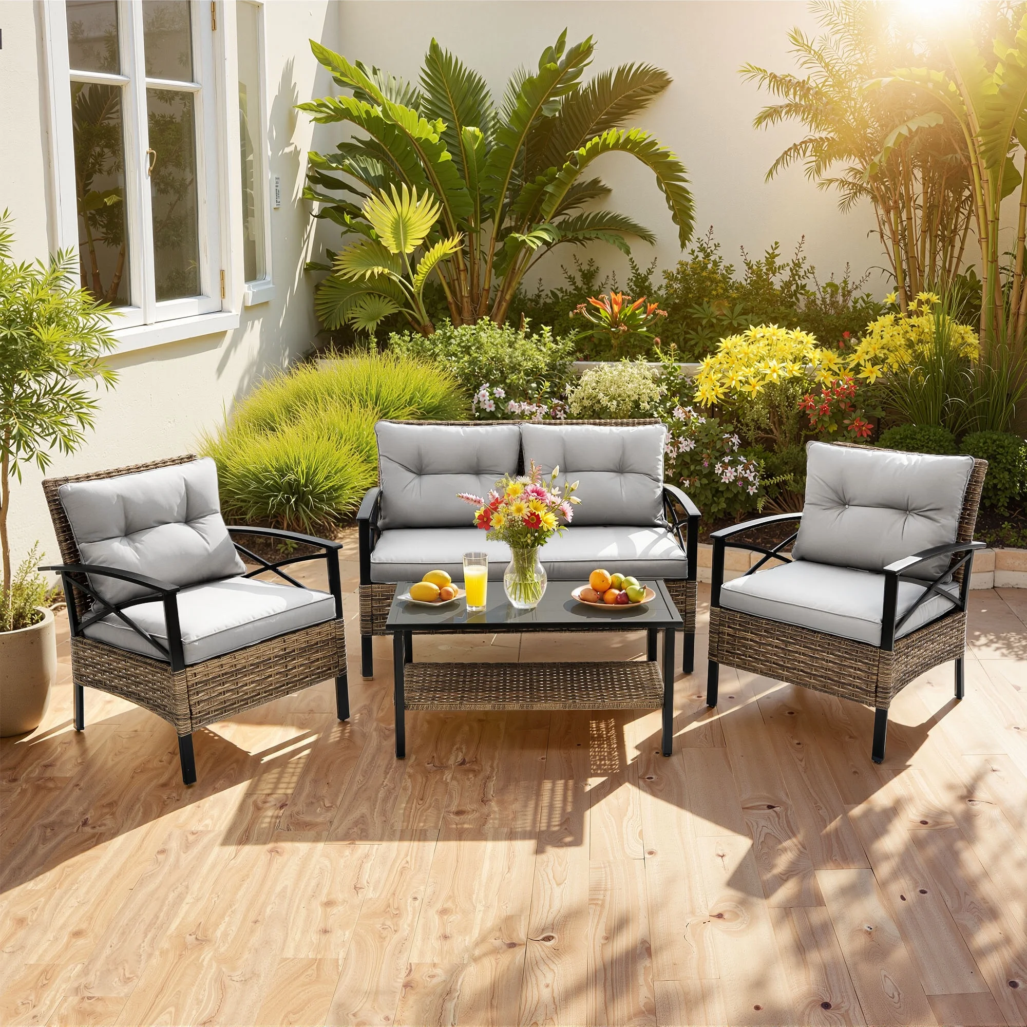 Patio Sofa Set, 4 Pieces Outdoor Sectional Furniture, All-Weather PE Rattan Wicker Patio Conversation Set, Cushioned Sofa Set with Coffee Table for Patio Garden Poolside Deck - Image 2