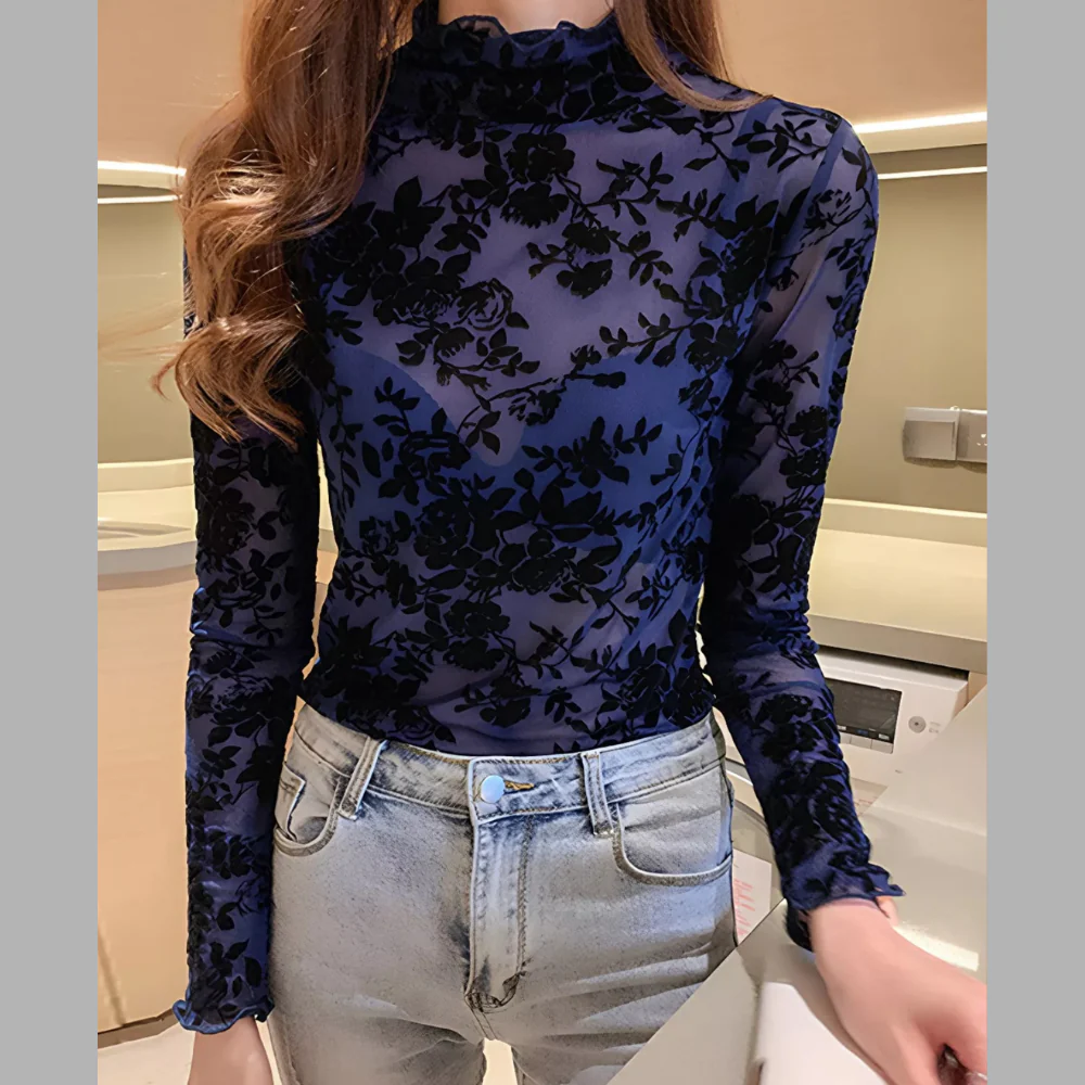 Floral Turtleneck Long Sleeve Top - ZKZOOK