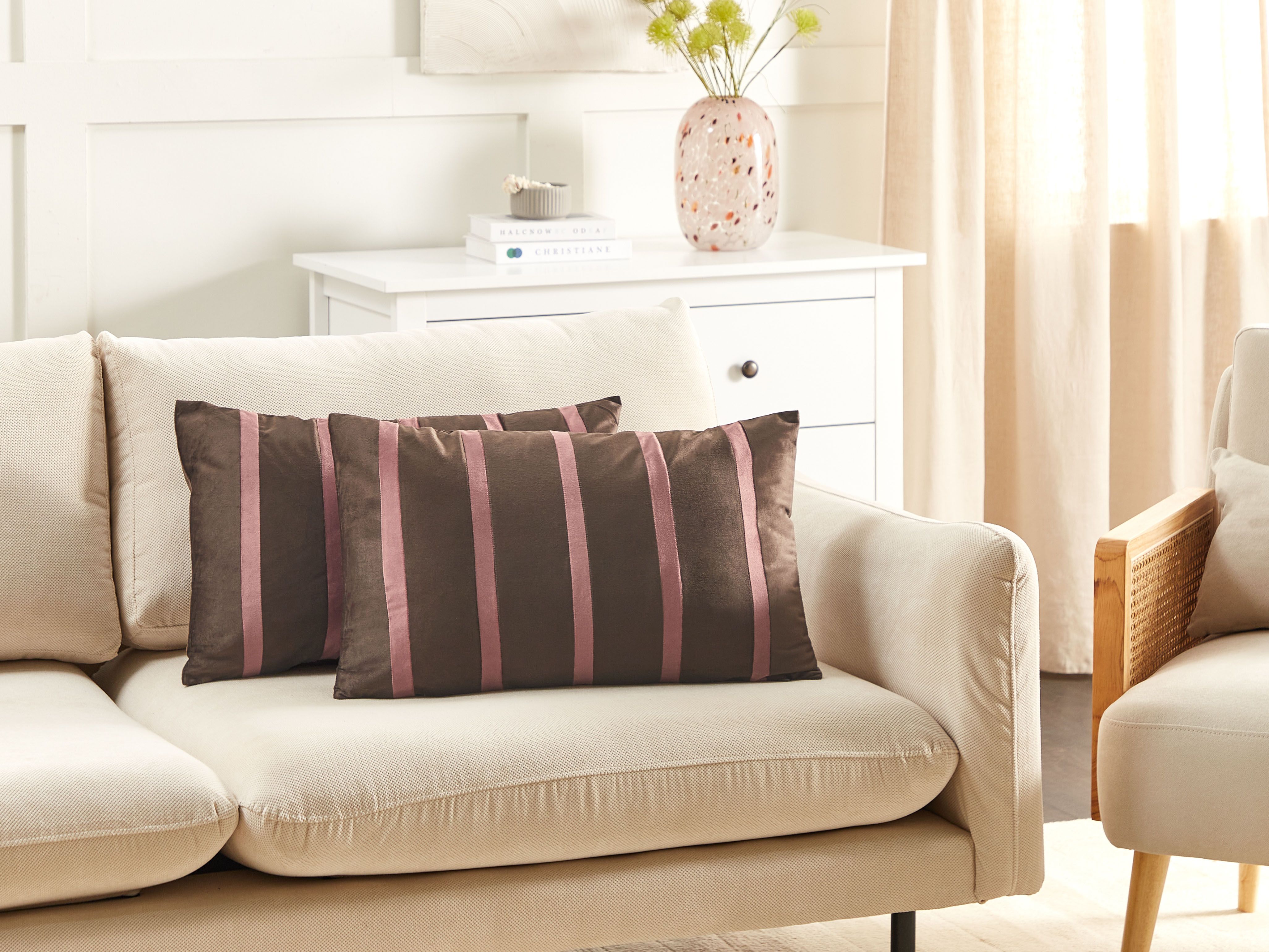 Set of 2 Decorative Cushions CRODYLINE Velvet 35 x 60 cm Brown Striped