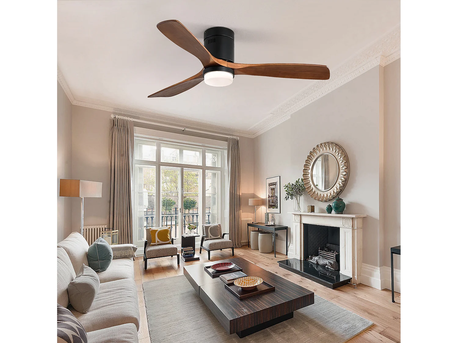 Ventilateur de plafond 132 cm avec éclairage, 3 pales en bois , silencieux et et minuterie - Noir