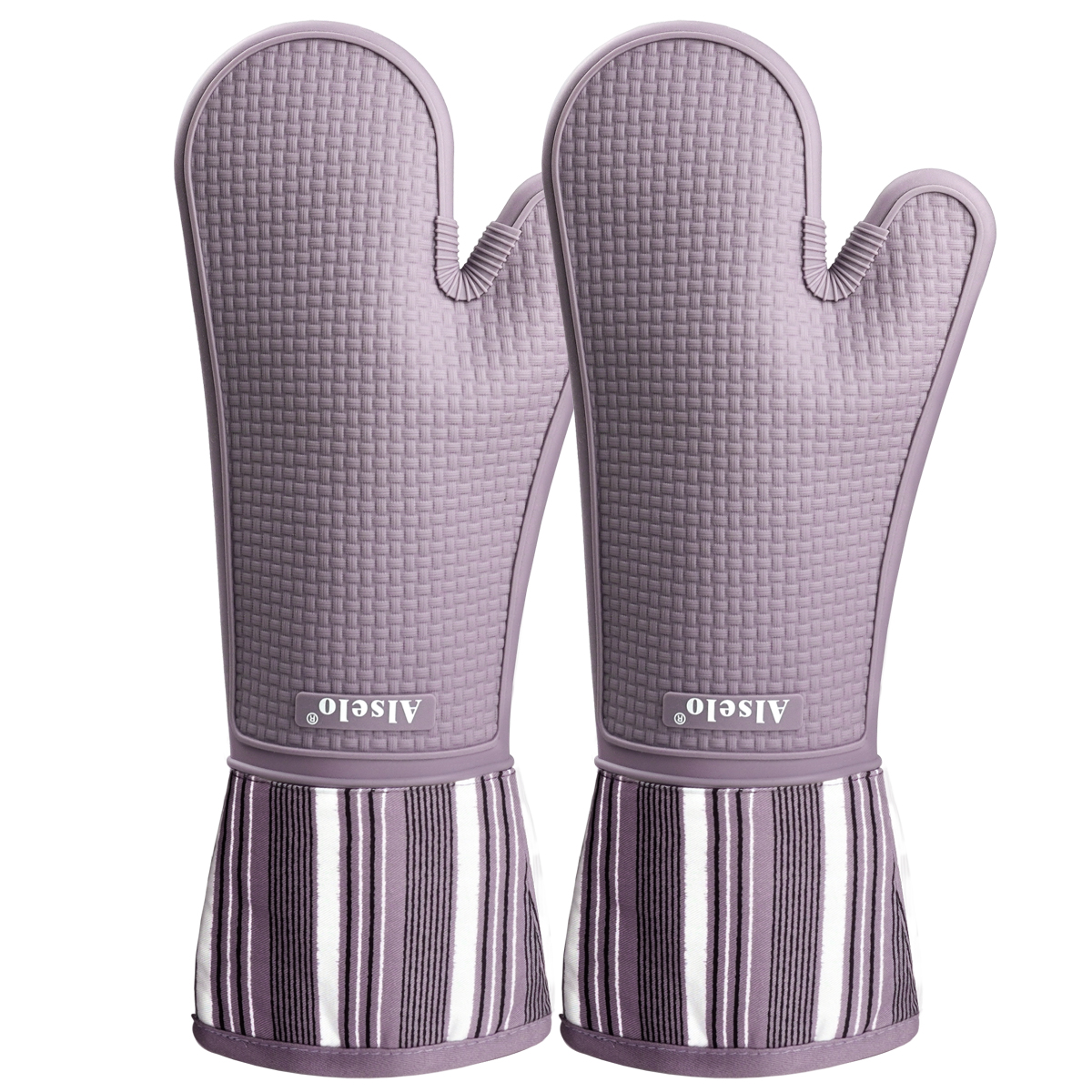 Meita Home's Pair Striped Purple Printed Oven Gloves Anti-Slip Silicone Cotton Heat-Resistant BBQ Mitts