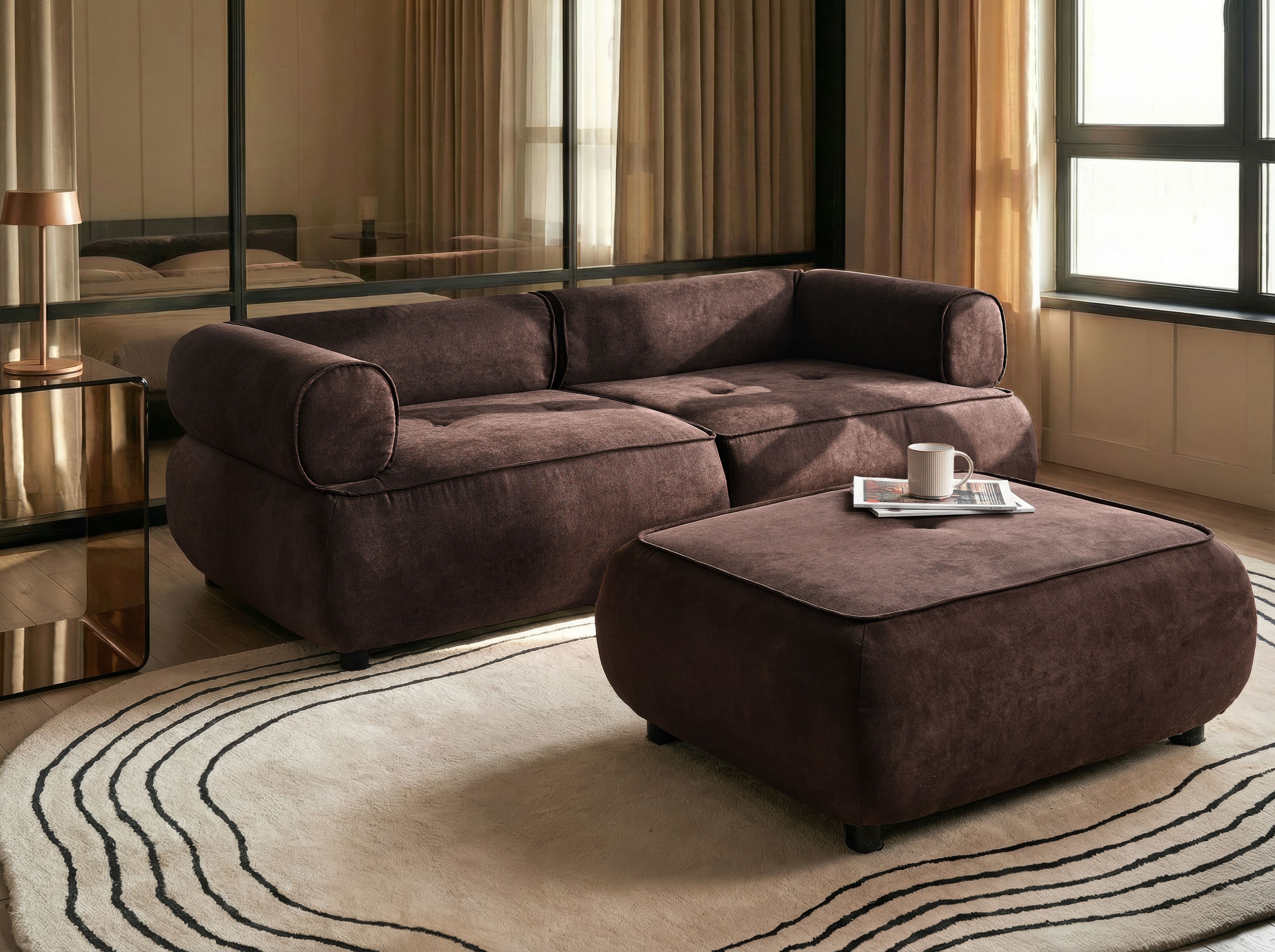 Sofa 3 Seater SALLA Fabric Dark Brown with Ottoman
