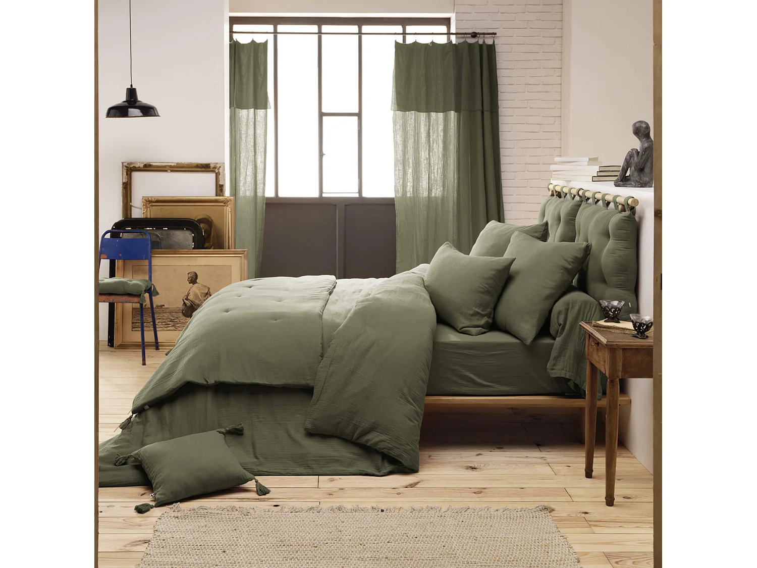Parure de lit 240x220 double gaze de coton kaki Terre de Nuit