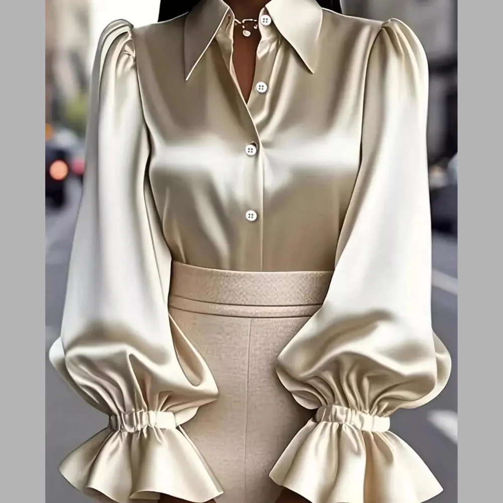 Satin Button Up Flounce Sleeve Shirt - ZKZOOK