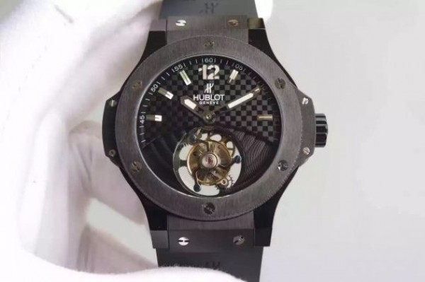 Replica Hublot Big Bang Tourbillon PVD Black Textured Dial Black Rubber Strap - Elite Watch Atelier
