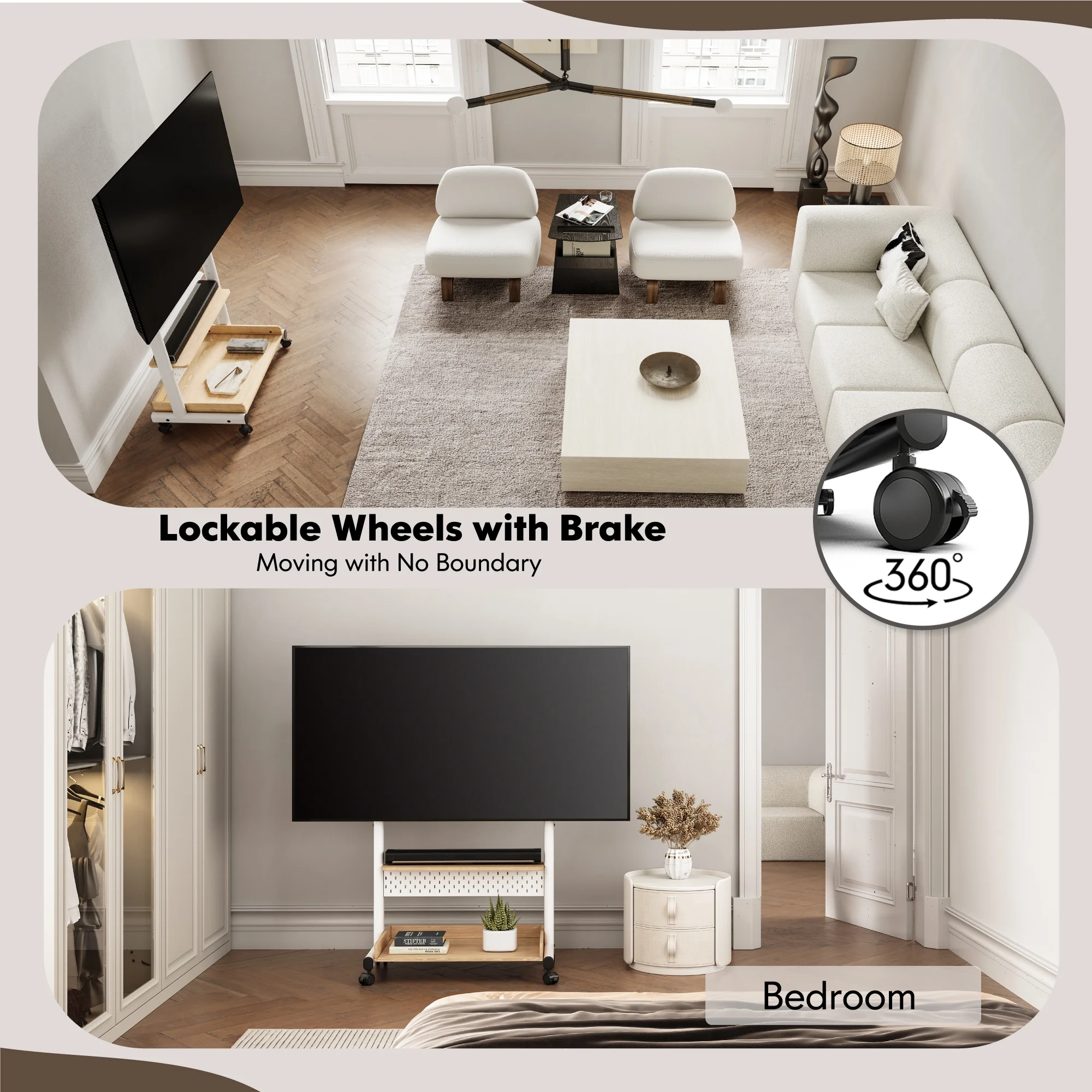 FITUEYES Rolling TV Stand with Wheels for 40-85 inch TVs, Height Adjustable Mobile TV Stand TV cart with Wooden Large Storage,White - Image 4