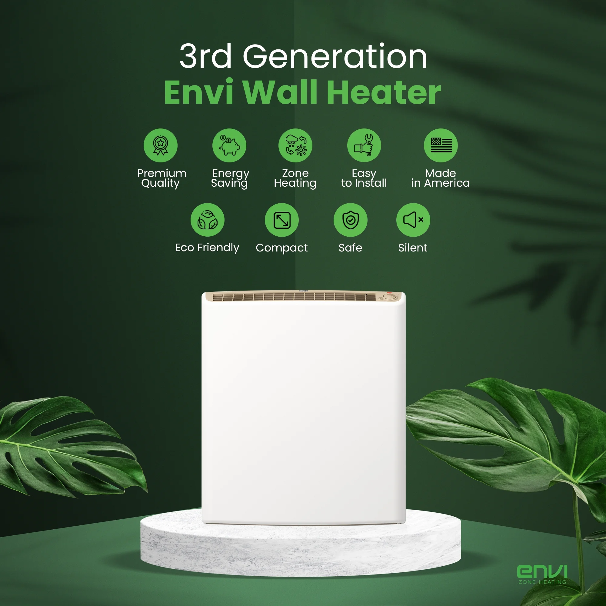 Envi Plug-in Electric Panel Wall Heater for Home, Energy Efficient, Child Safe, Quiet, Great for Bedrooms, Bathrooms, Office, Kitchen, Garage, Tip-Over Protection, Comfort-Level Adjustable Thermostat