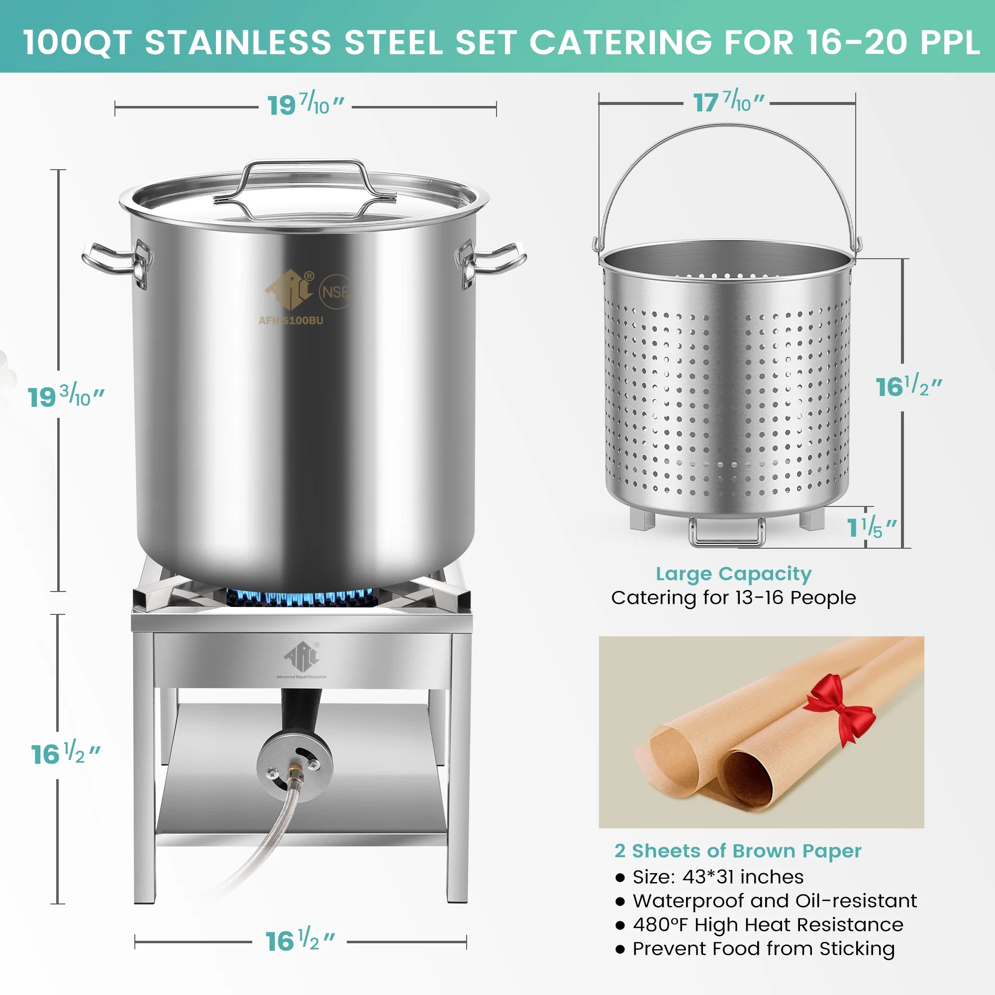 100QT Stainless Steel Seafood Boil Pot with 200,000BTU Propane Burner, w/Basket for Outdoor Deep Fryer, Large Cooking Pot for Turkey Fryer, Crab, Crawfish, Shrimp, Lobster Boiling Stock Pot