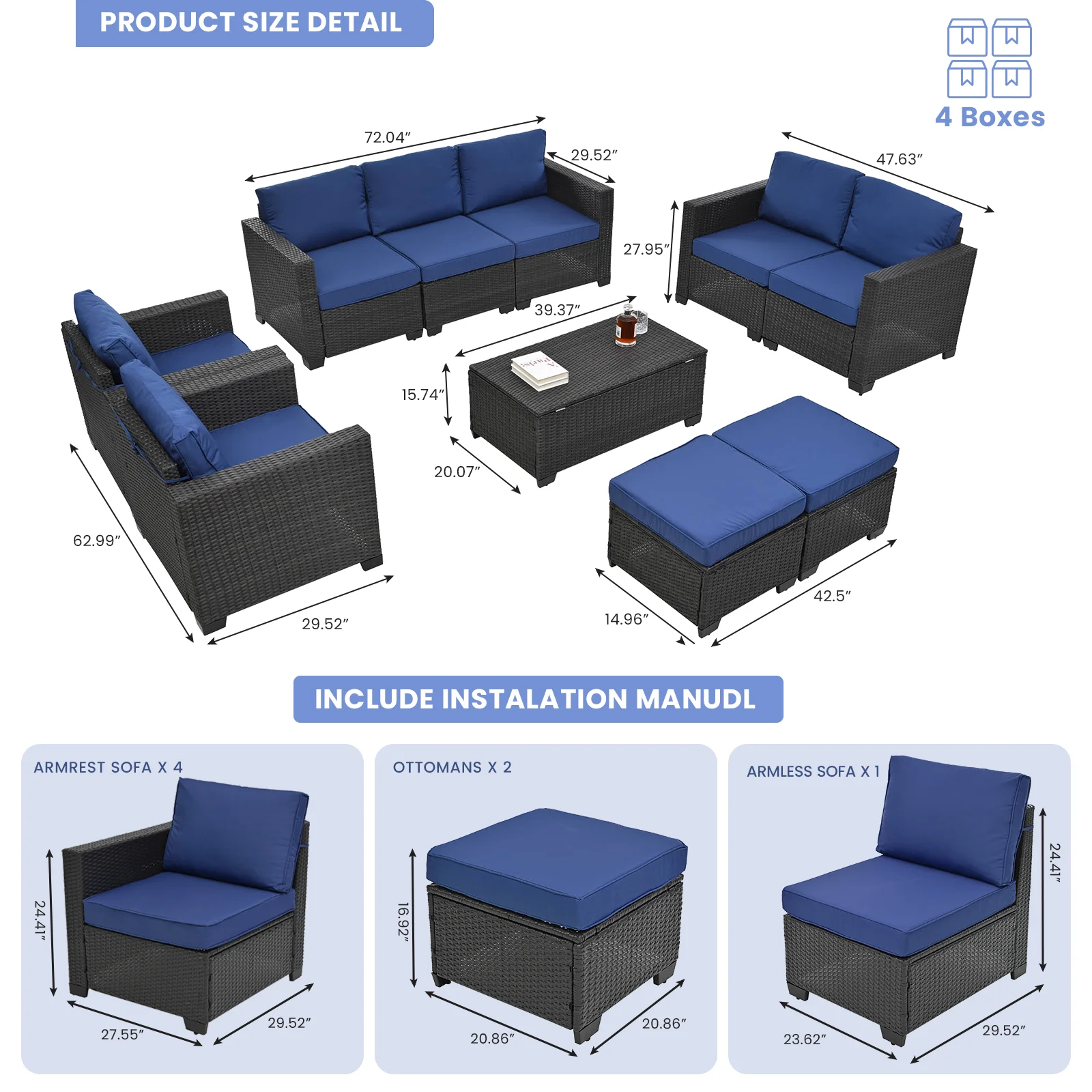 10 Pieces Patio Furniture Sets Outdoor,Manual Weaving Wicker Rattan Sectional Sofa Patio Conversation Sets with Cushions & Coffee Table with Hidden Storage for Outside, Balcony, Porch