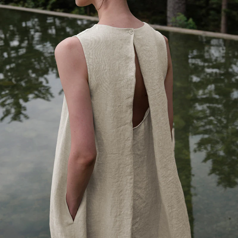 Cotton Linen Maxi Dress Summer French Pastoral Sleeveless Backless Hollow Out Cutout Niche Casual Loose Maxi Dress - AZJHJ
