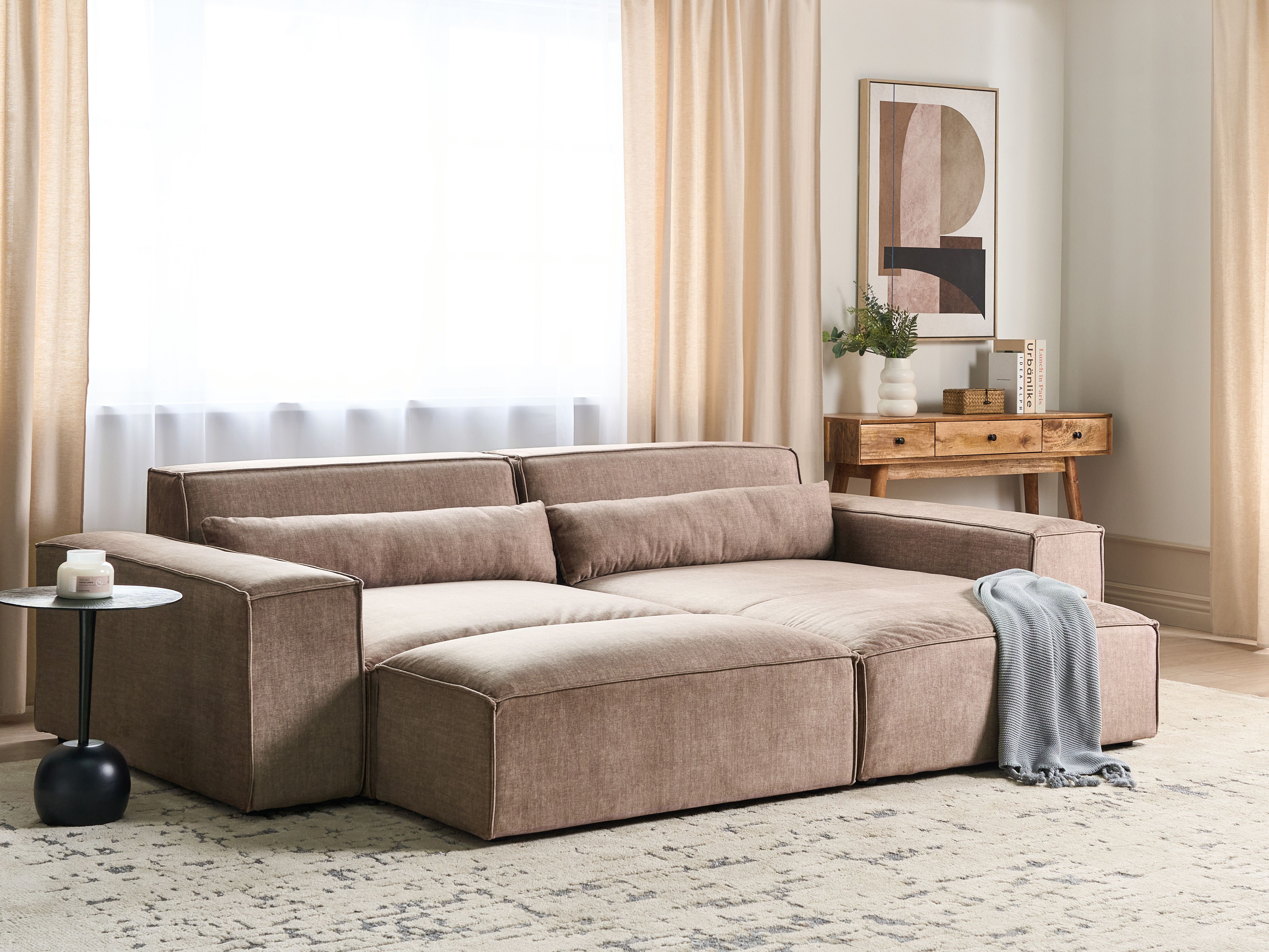 Modular Corner Sofa 3 Seater HELLNAR Fabric Light Brown with Ottoman Left Hand