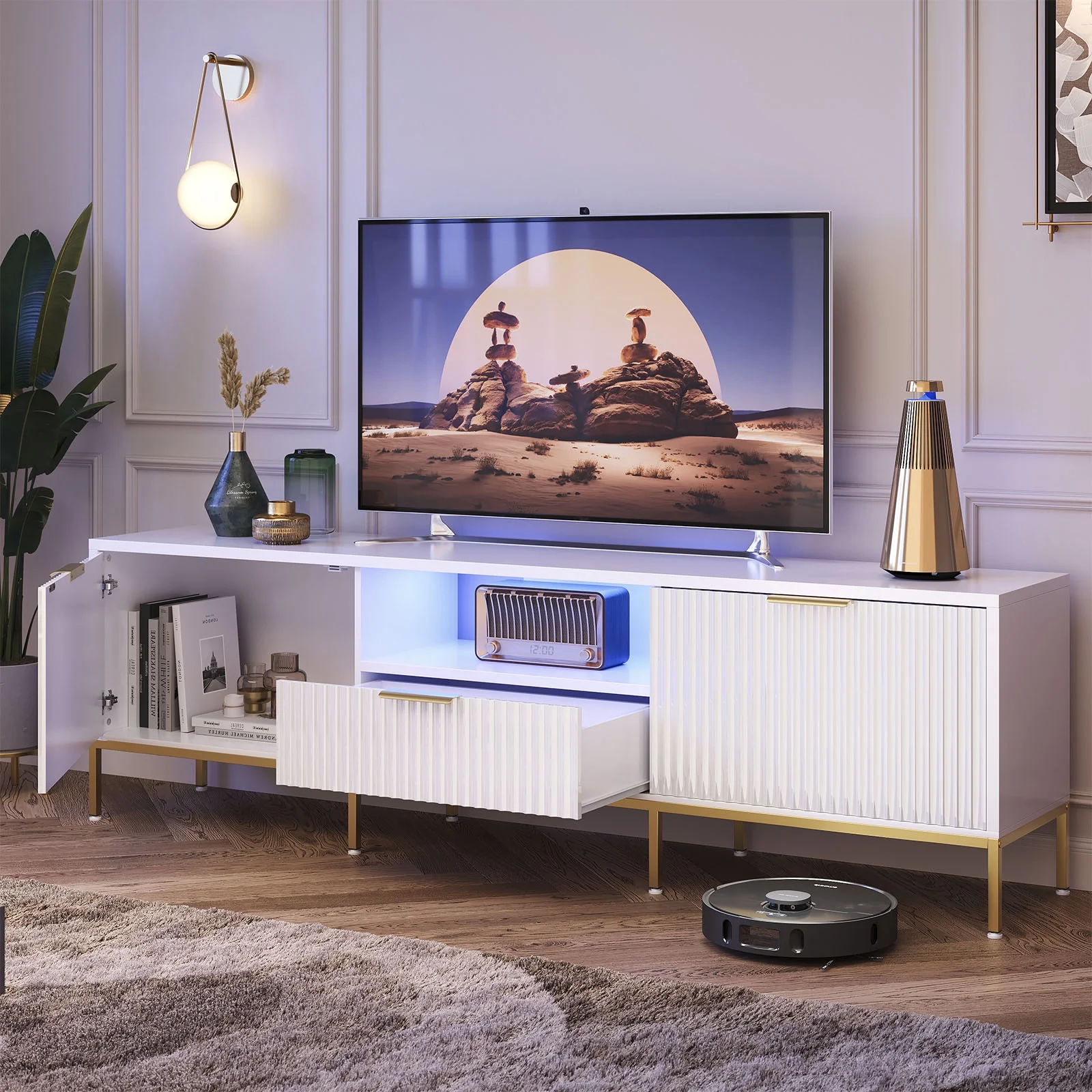 Bestier 55" LED TV Stand for TVs up to 60" Modern High Gloss Entertainment Center with Drawers Cabinets Fluted TV Console, White & Gold - Image 25